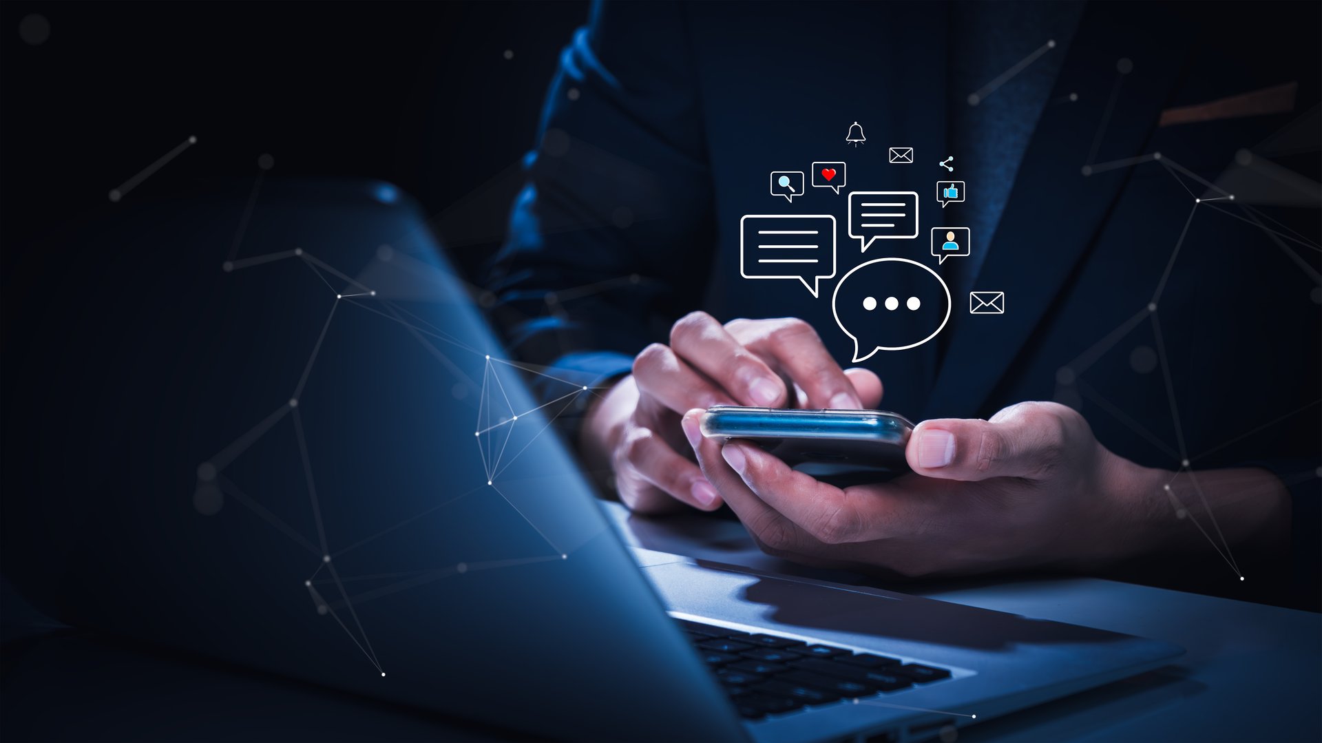 Businessman using smartphone for online messaging, surrounded by digital communication icons, illustrating modern connectivity and real-time interaction.