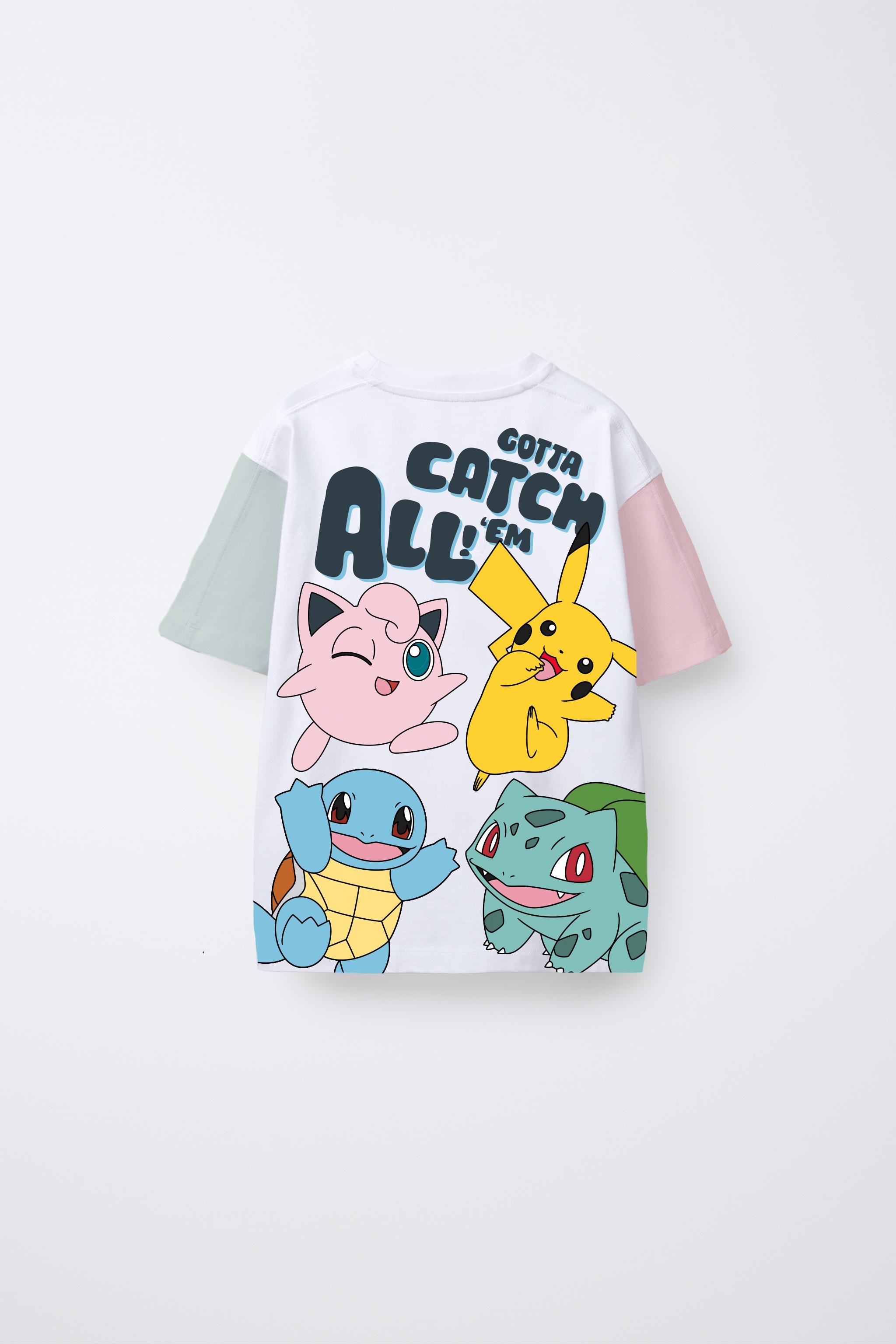 T-shirt with Pikachu, Jigglypuff, Squirtle, and Bulbasaur illustrations and the text "Gotta Catch All 'Em" on the back.