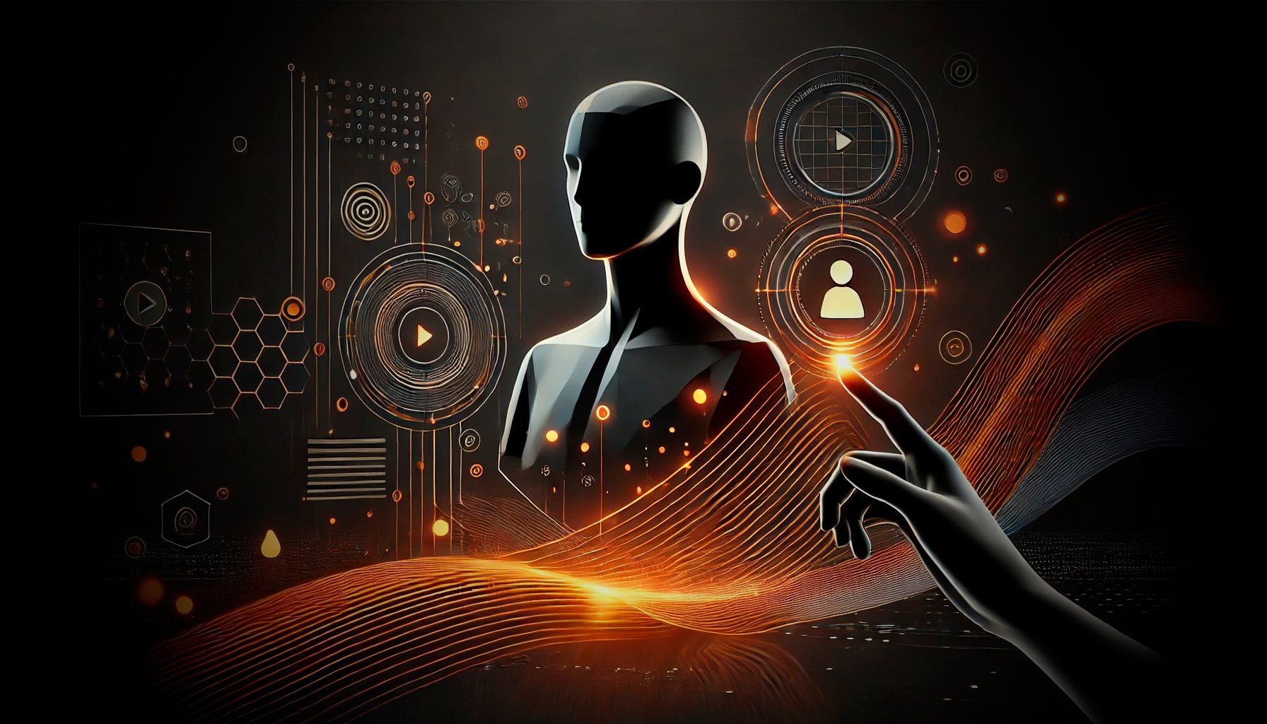 Abstract digital art featuring a human bust, a pointing hand, and glowing waveforms against a dark, tech-themed background.