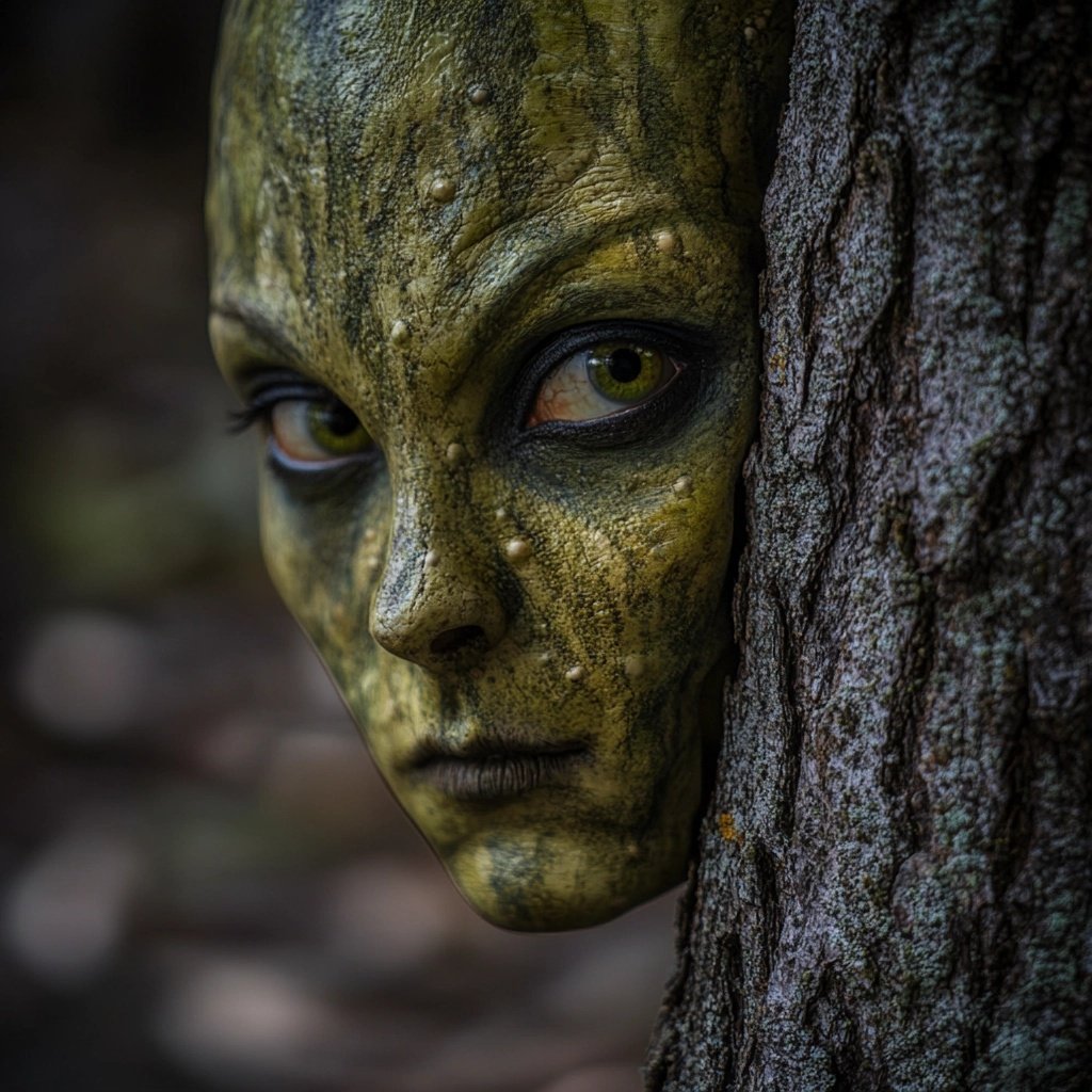 A person wearing detailed reptilian makeup peers from behind a tree in a forest setting, showcasing green, scaly skin and intense eyes.
