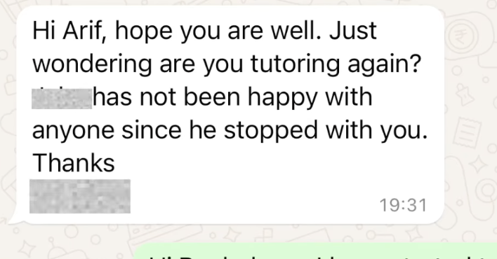 Text message asking Arif if he's tutoring again, praising his past tutoring skills. Timestamp of 19:31 visible.