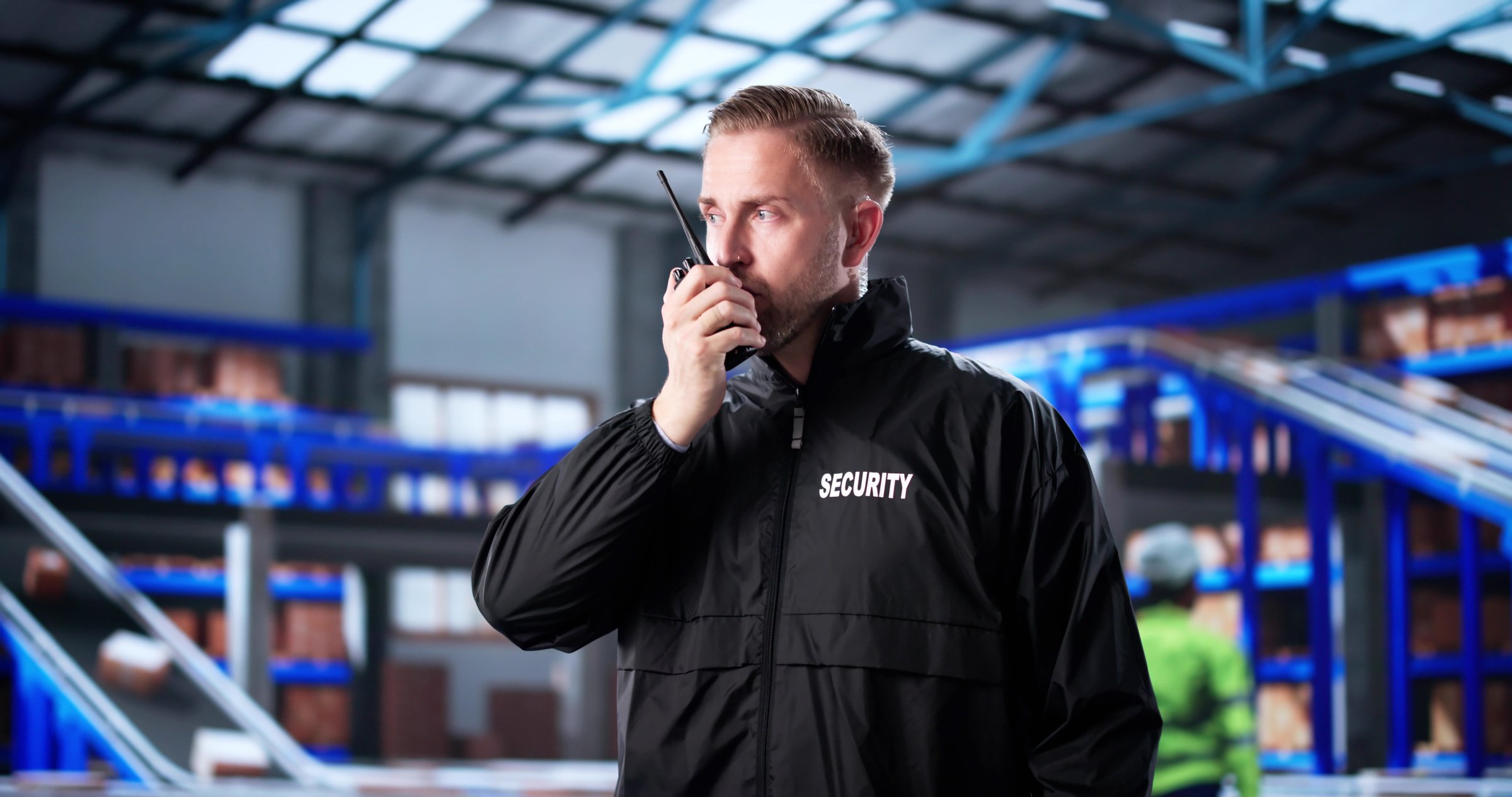Security guard with walkie-talkie