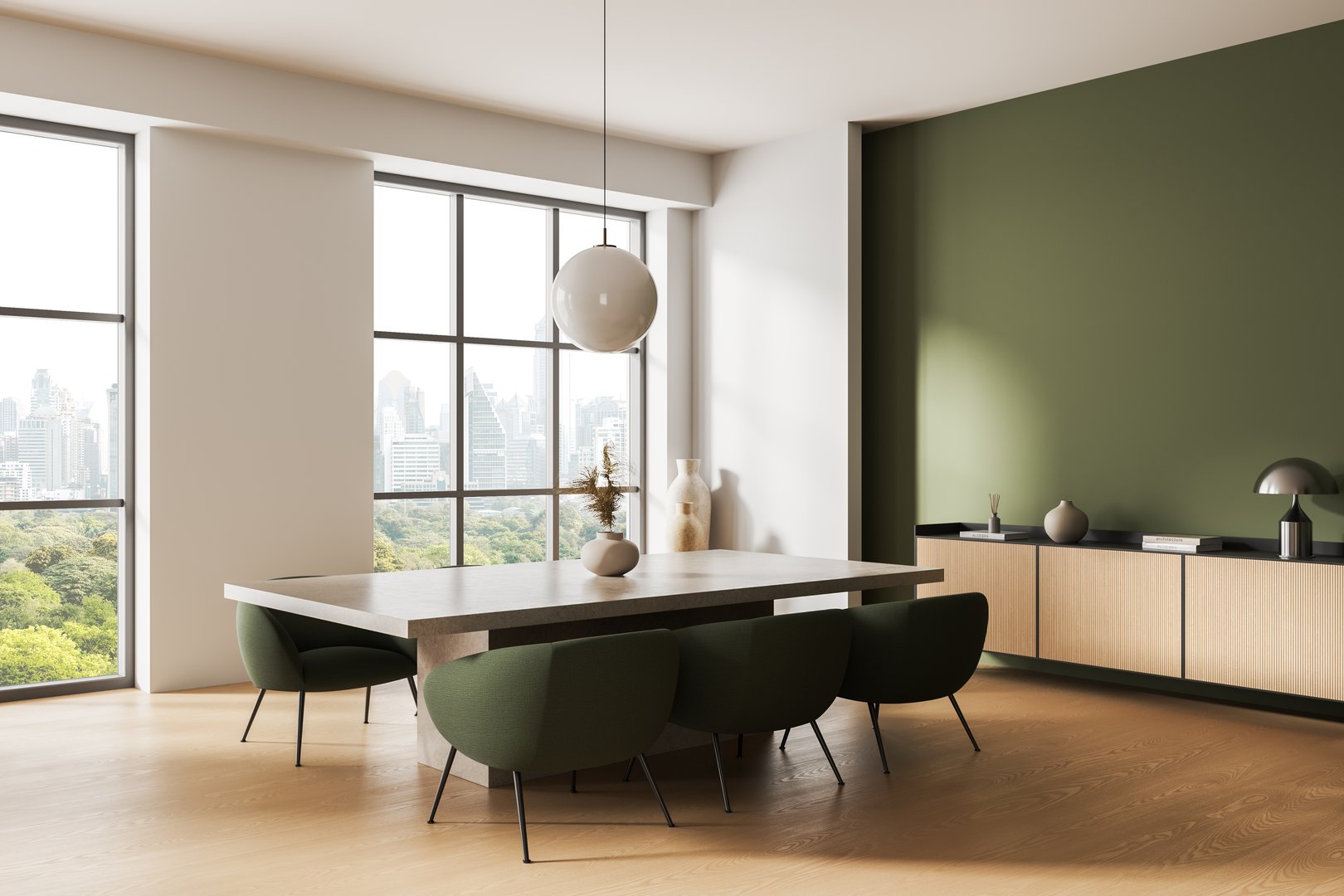 Contemporary dining interior with green chairs, light wood floor, pendant light, and city view through large windows on bright daylight background. 3D Rendering