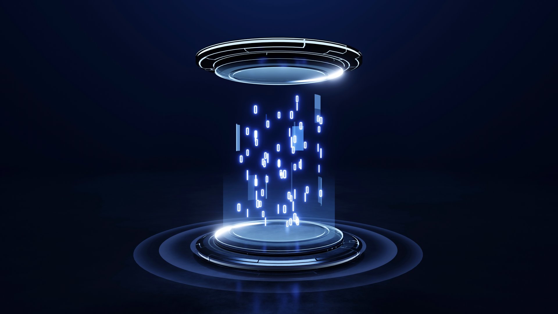 Hologram platform with glowing neon digital binary code, network or data concept, Sci-fi future cyberspace technology, 3d rendering