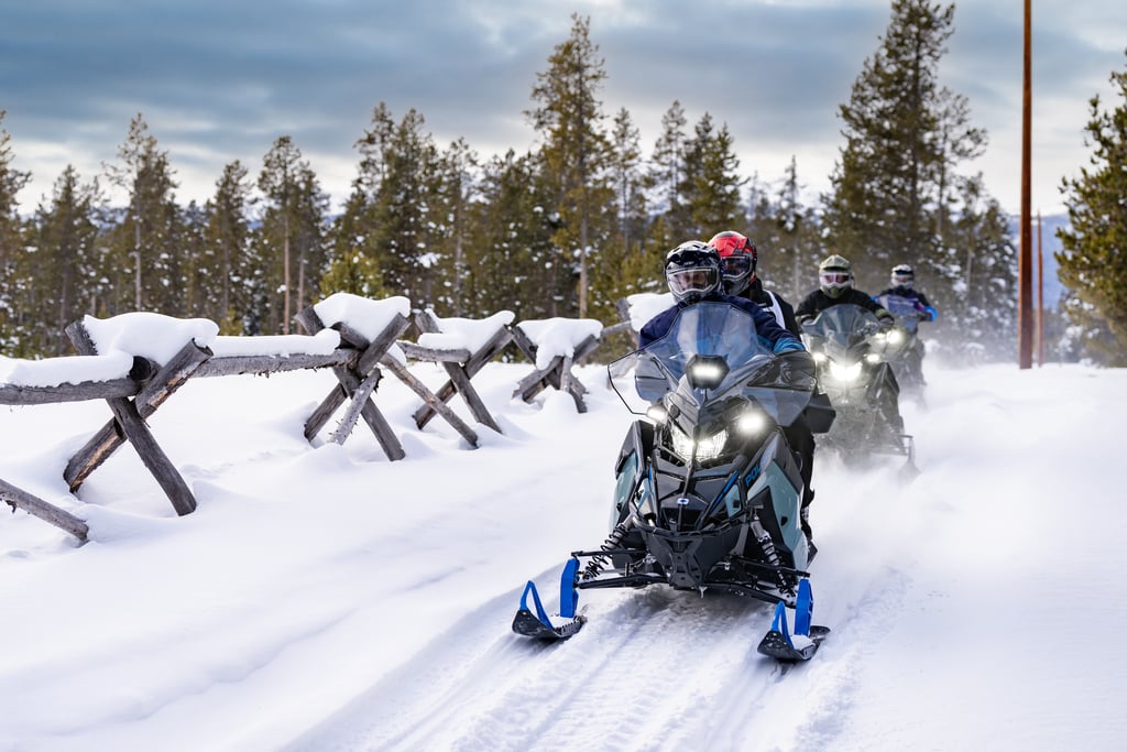 Snowmobile group riding