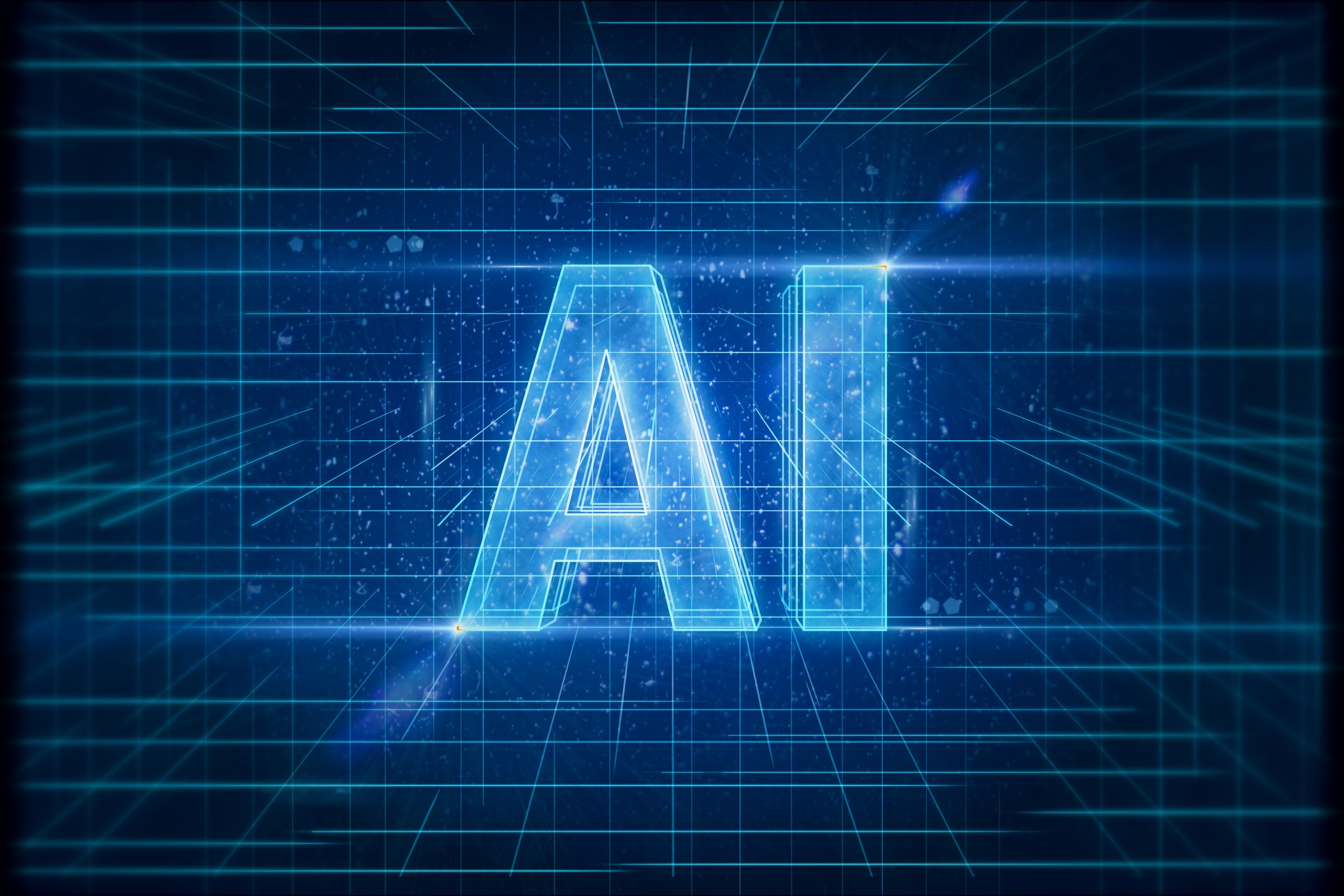 Artificial intelligence and future technology concept with glowing digital graphic AI sign on abstract dark blue background. 3D rendering