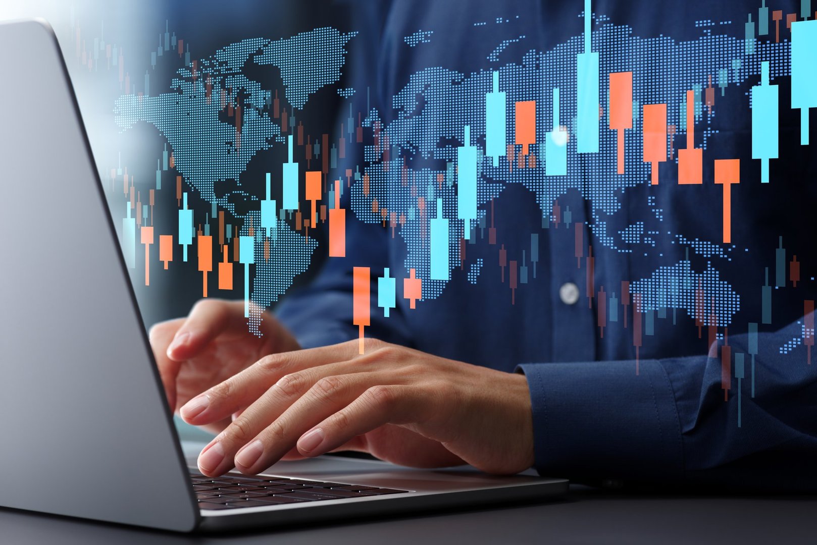Stock market price charts and global market graphs. Financial trading data. Foreign exchange and commodities. Trader using a laptop computer to invest in various financial products.