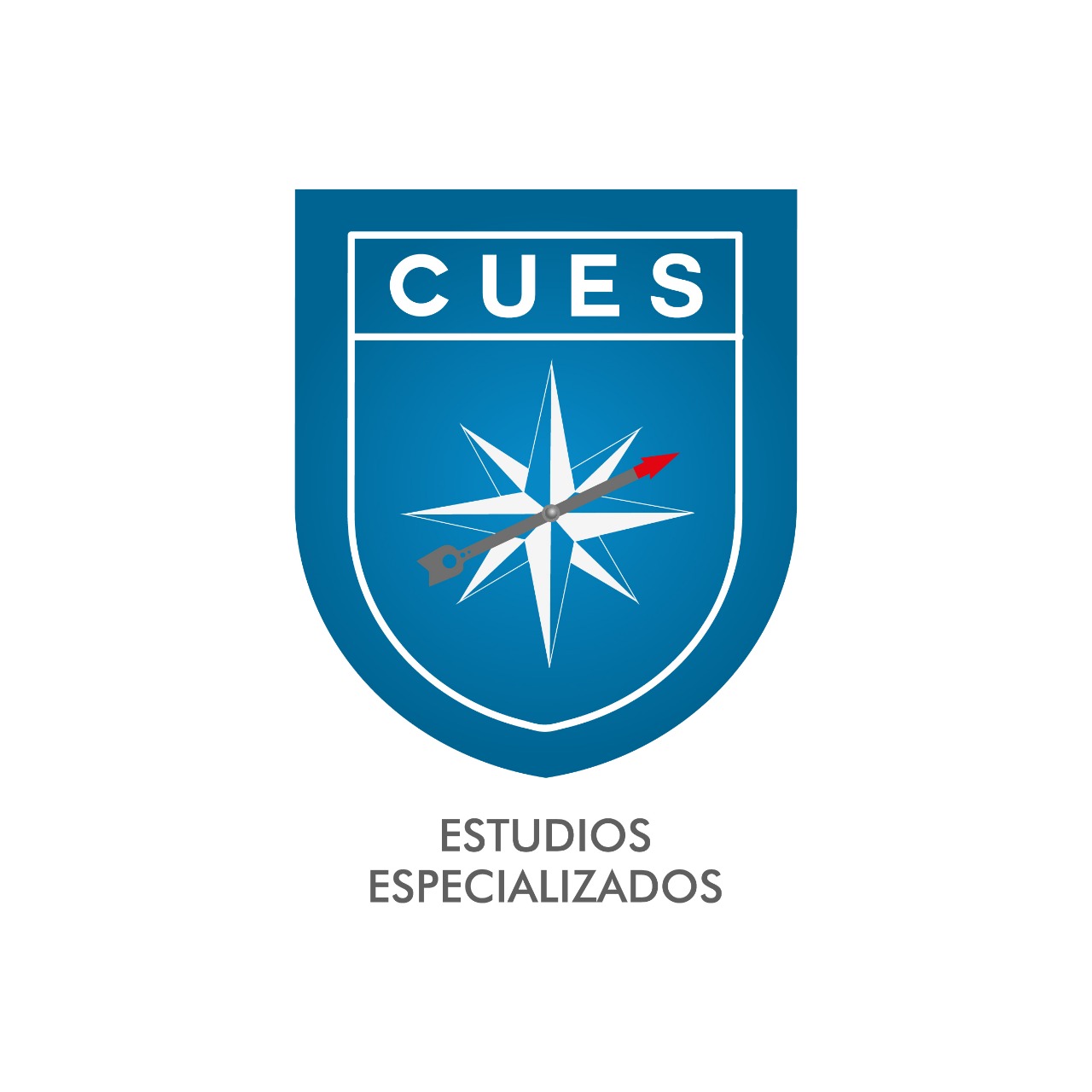 Blue shield logo with a compass rose, a pencil, and an arrow, labeled CUES. Text below reads Estudios Especializados.