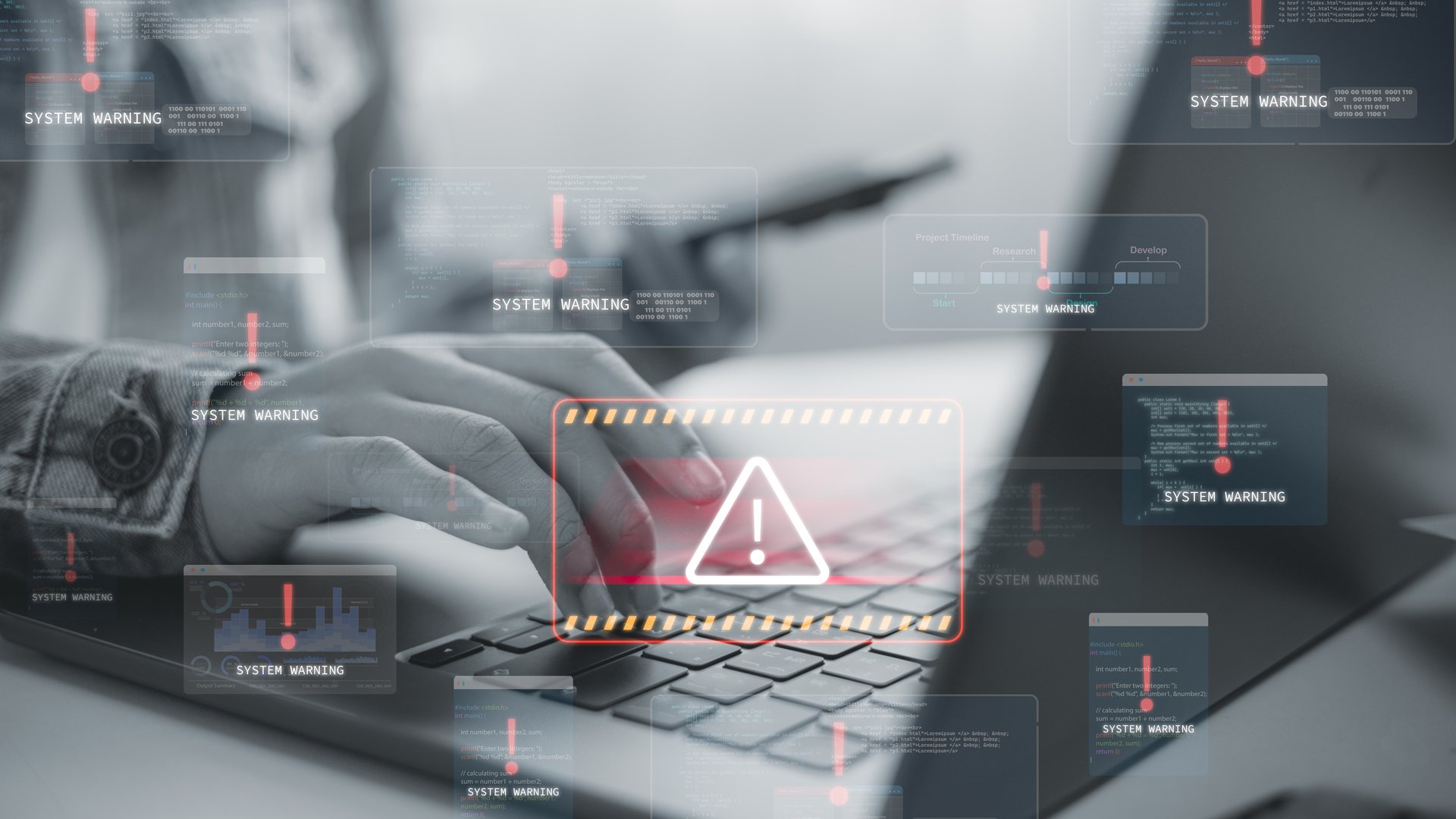 Businessmen with a red cybersecurity threat alert, surrounded by digital files and documents. Warning alert icon with a hacked system.