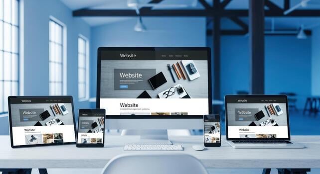 Responsive website design mockup displayed on multiple devices - desktop, laptop, tablet, and smartphone