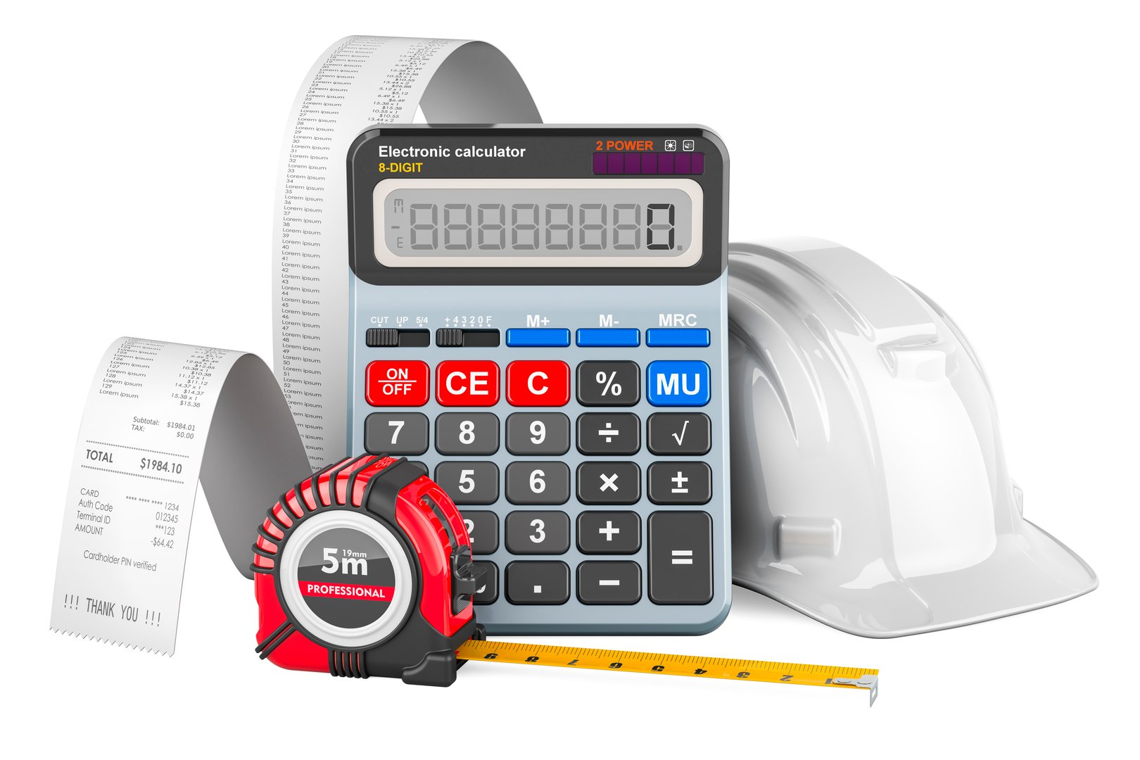 Calculating costs of construction, concept. Hard hat with calculator, measuring tape and printed receipt. 3D rendering isolated on white background
