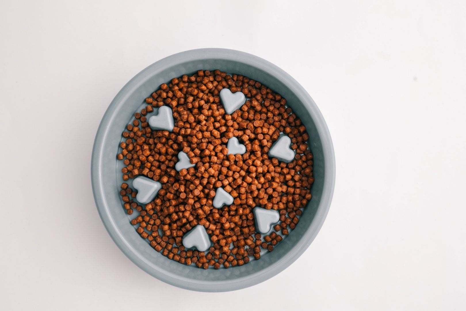 Top view of a blue slow feeder pet bowl filled with dry kibble, designed with heart-shaped obstacles to encourage slower eating for dogs or cats.
