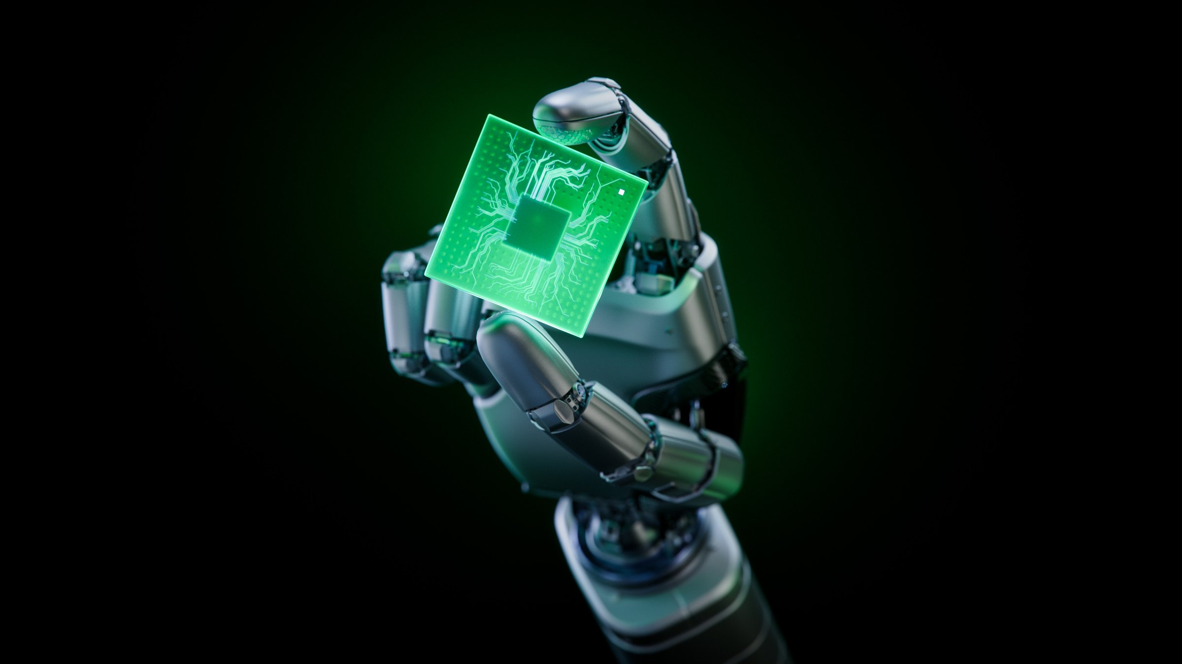 Close-up of Humanoid Robot Hand Showing Glowing Futuristic Green Microchip. Innovative and Advanced Chip at Fingertips of Hand of Humanoid Robot.