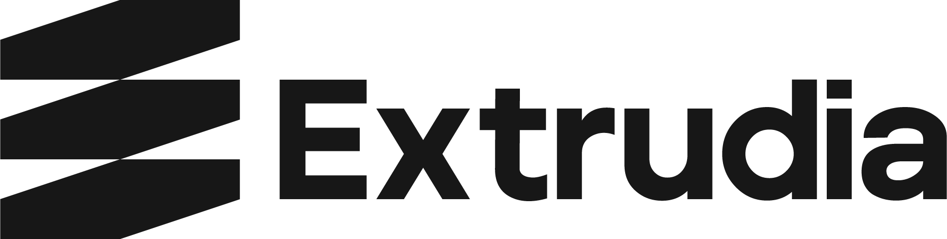 Logo with three black diagonal bars and the word "Extrudia" in bold, black font.