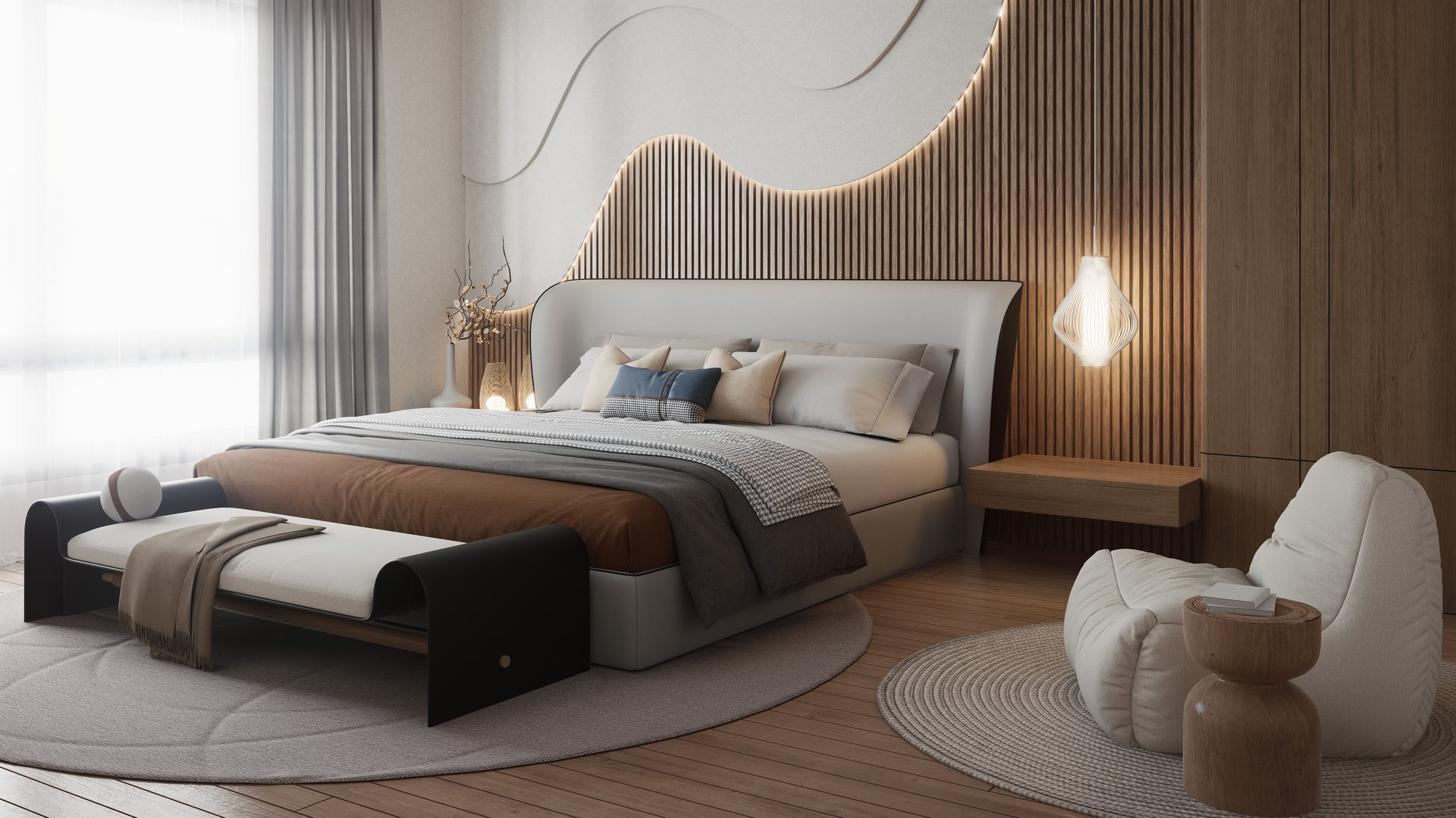 A modern bedroom with a stylish bed, warm tones, wooden accents, and soft textiles, creating a cozy and inviting atmosphere. 3D rendering
