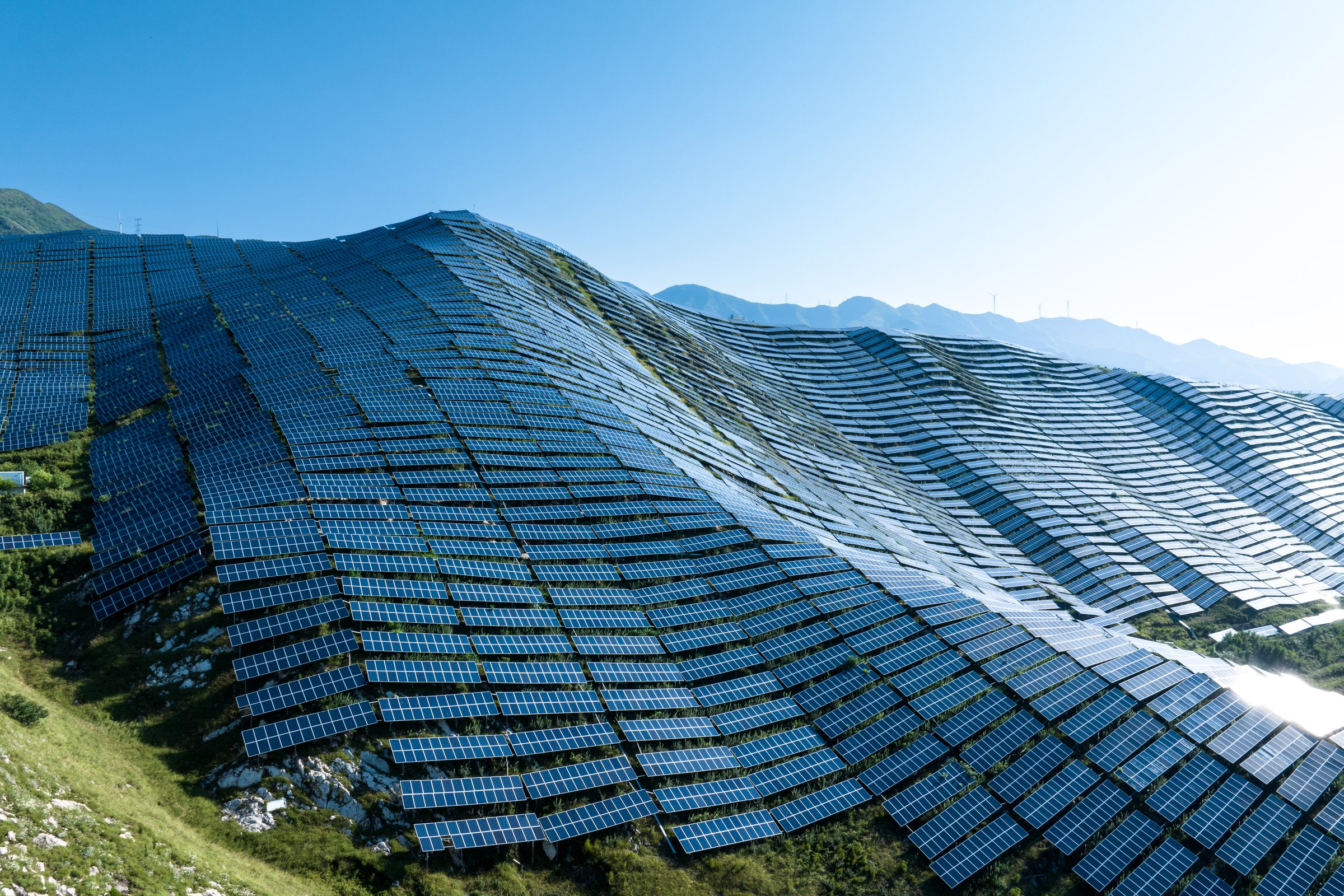 Aerial view of a solar farm in the countryside