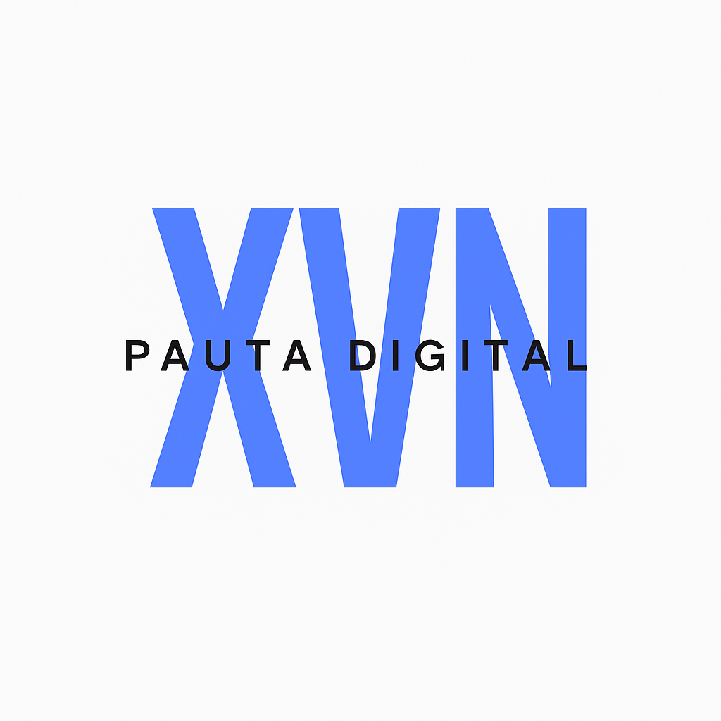 Logo with large blue letters XVN and smaller black text Pauta Digital overlapping on a white background.