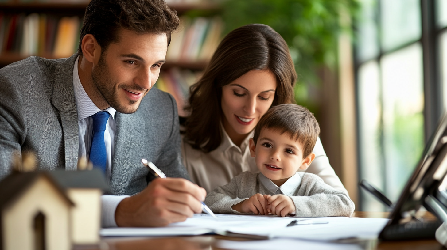 A professional man in a suit signs papers at a desk, accompanied by a woman and a child, all smiling in a well-lit room.