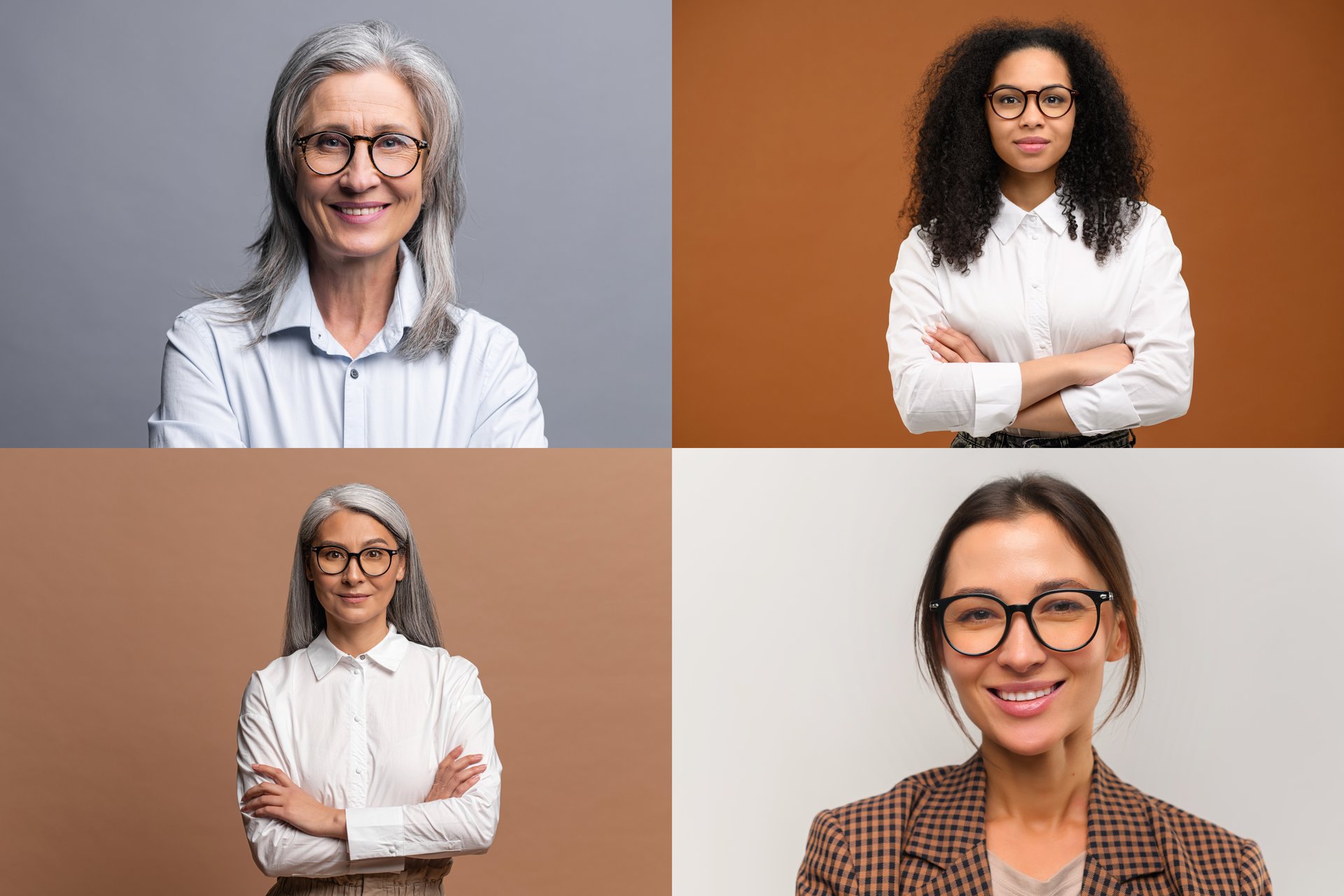 Collage of four different female office employee businesswomen wearing smart casual wear looking at camera isolated, several diverse confident women in formal wear