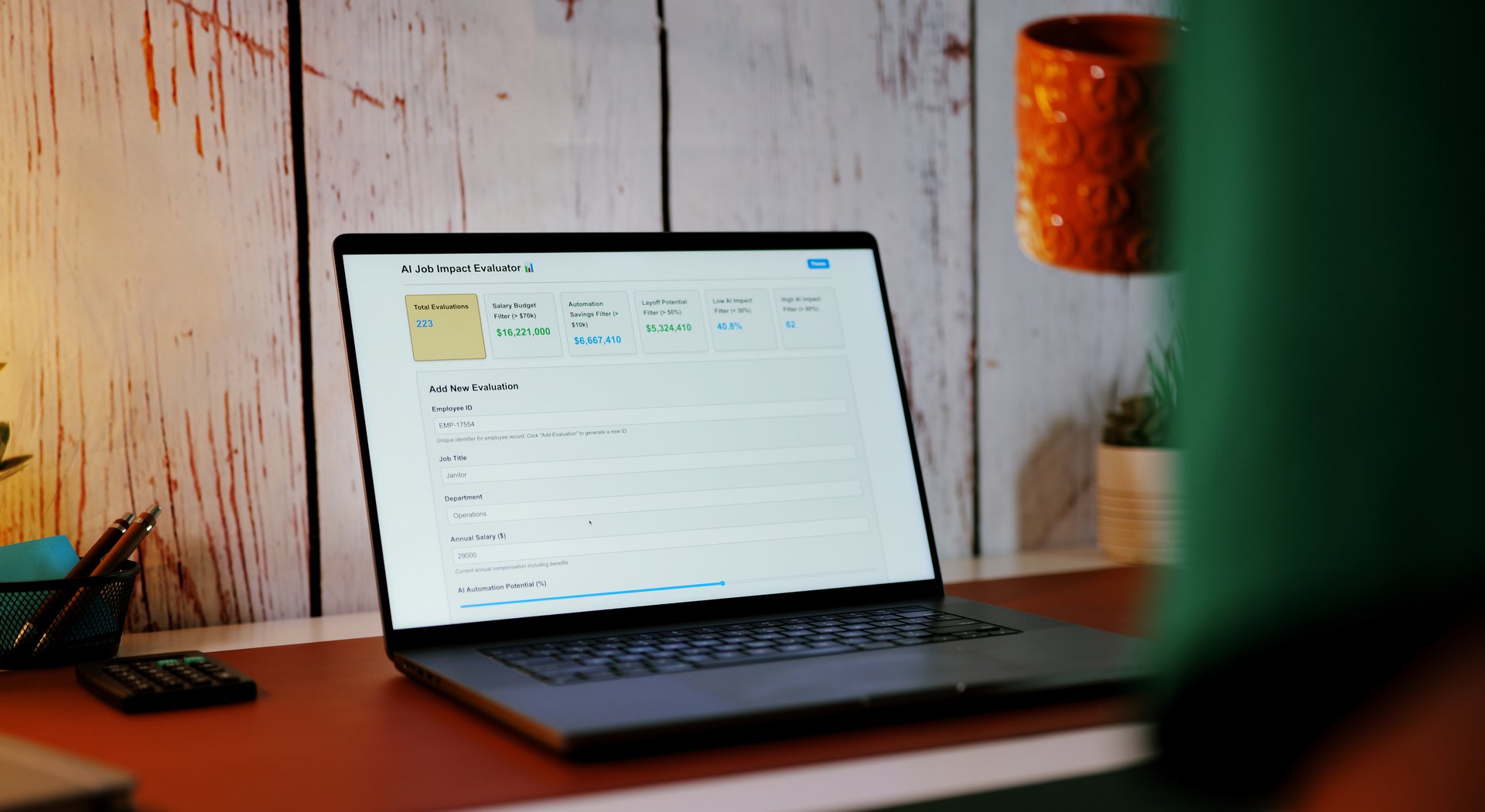 Middle Aged Human Resources Worker Runs Through AI Job Impact Analysis to Calculate Role Effectiveness for Layoffs and to Replace Positions Concept