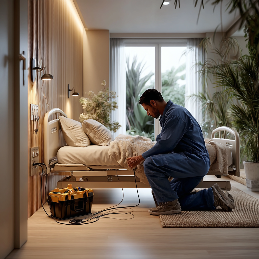 Technician in blue overalls kneels beside a hospital bed, working with electrical tools in a sunlit room with plants.