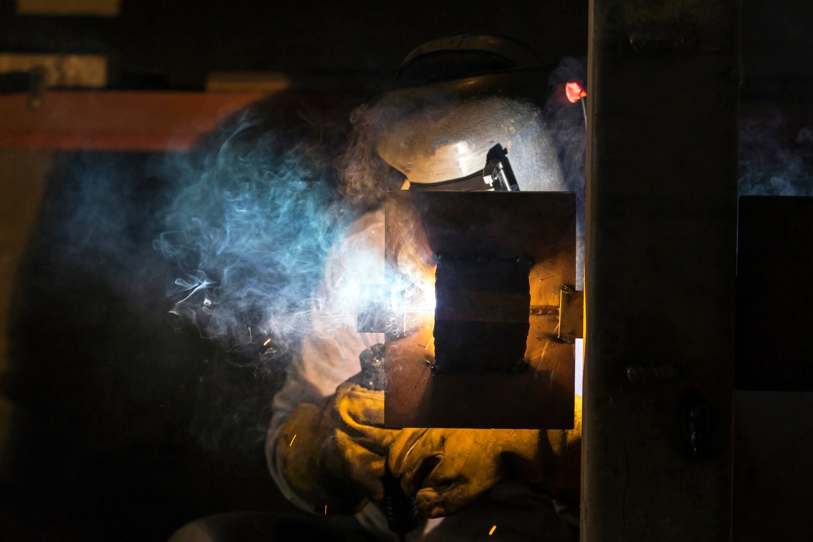 The welder is welding at horizontal position. This is a welder test according to ASME Sec. IX or EN ISO 9606-1 standards. The Certified Welder test to procedures used in the structural steel, petroleum pipelines, sheet metal and chemical refinery welding industries.