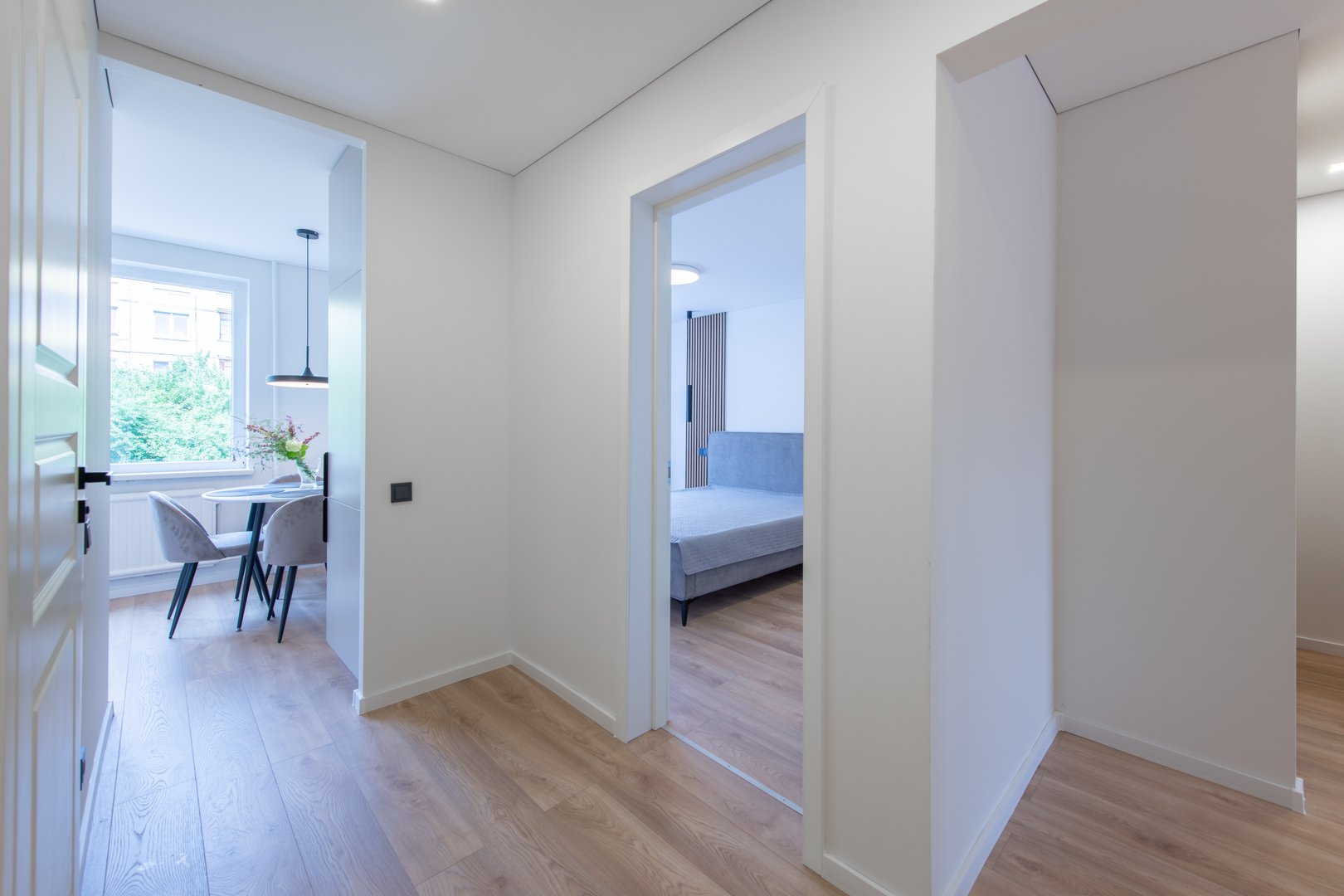 Home Entrance Hall, Hallway Interior, Brown Flooring. Minimalism. LED Light. Open Doors to Bedroom, Kitchen and Living Room. Wide Angle