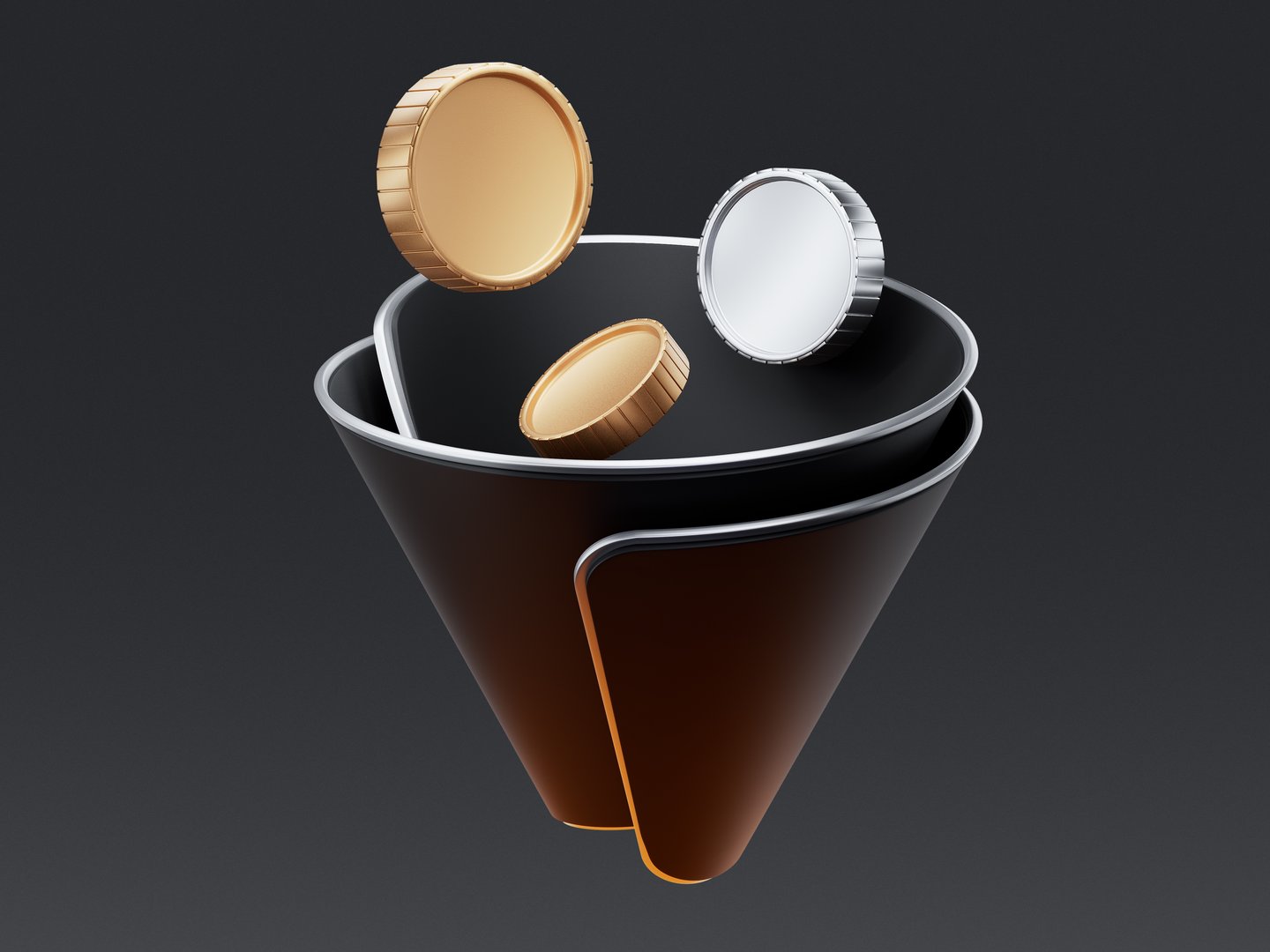 3D icon of a sales funnel with coins dropping inside, symbolizing marketing conversion, customer acquisition flow, and revenue optimization across campaigns.