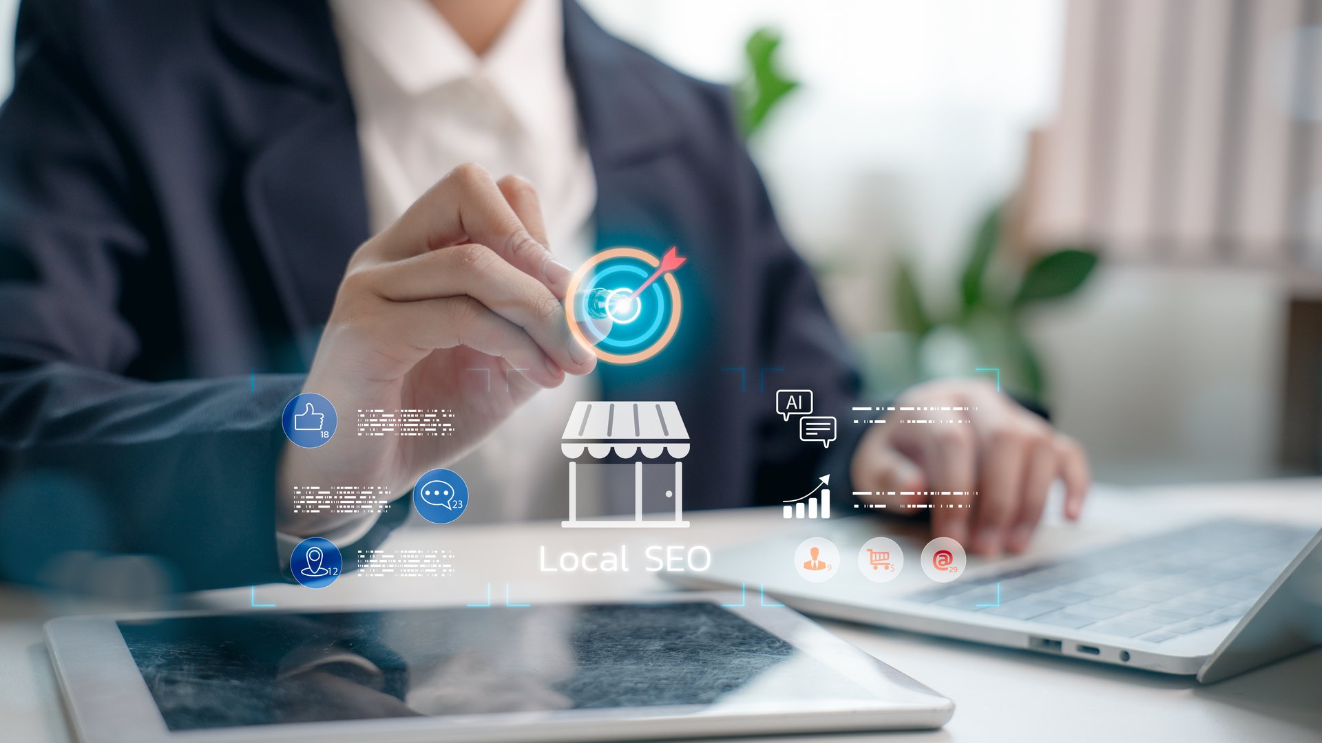 Business person working on local SEO strategy with digital marketing icons and location targeting. Concept of online visibility, local search, and small business digital promotion.