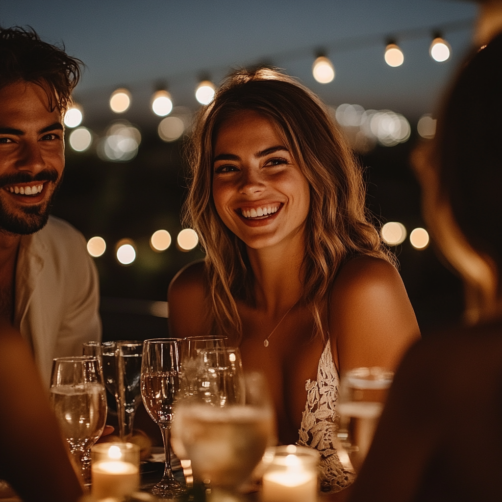 Smiling woman at an outdoor evening dinner with string lights and candles, surrounded by friends.