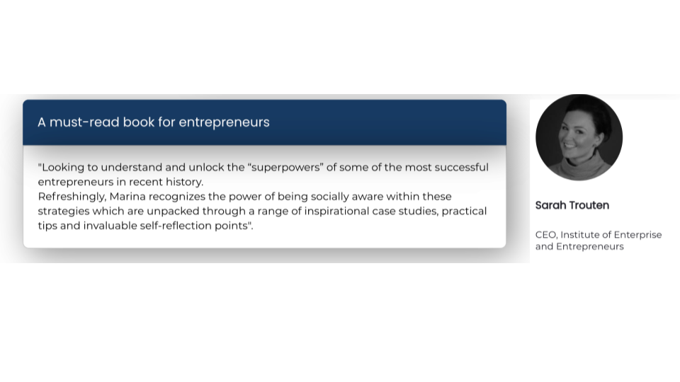 Book review snippet praising Marinas strategies for entrepreneurs, featuring Sarah Troutens endorsement and photo.