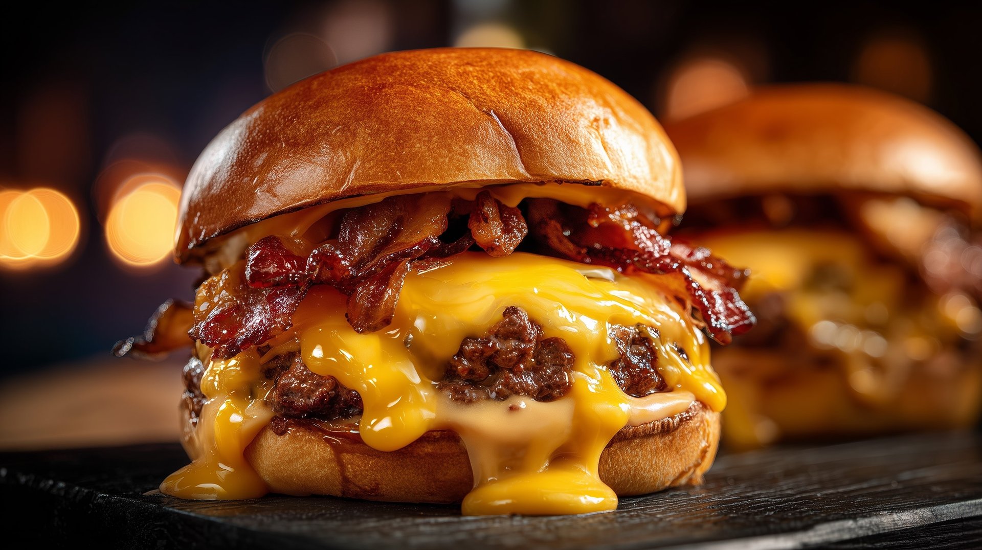 Close-up of volcano smash burger with double beef patties, molten smoked cheddar dripping, crispy bacon, fried onion ring crown, truffle aioli and glossy brioche bun, food photography