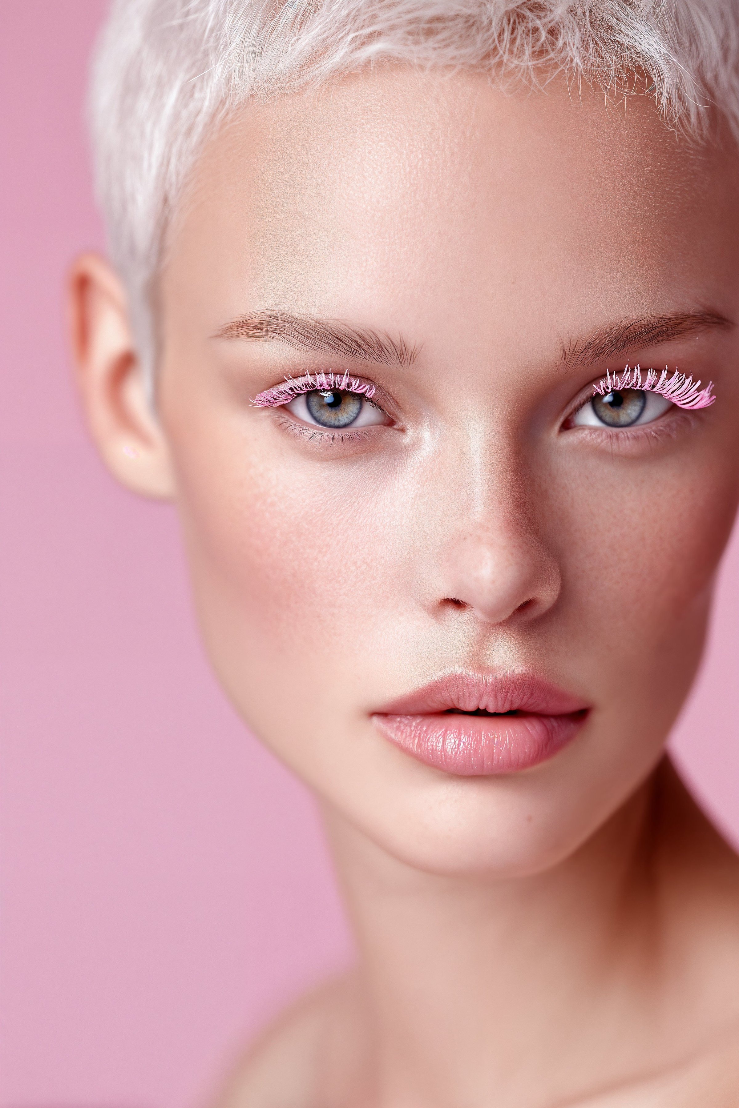 A model stands against a soft pink background, her short hair framing her face
