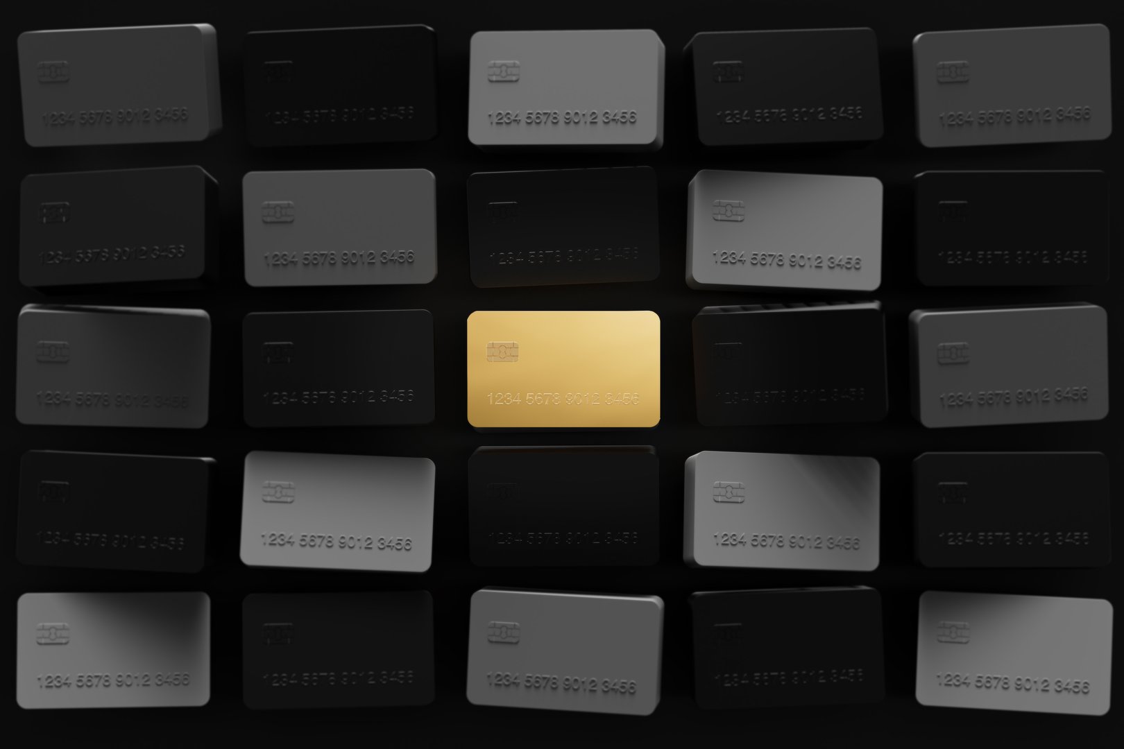 Gold credit card flying among black credit cards