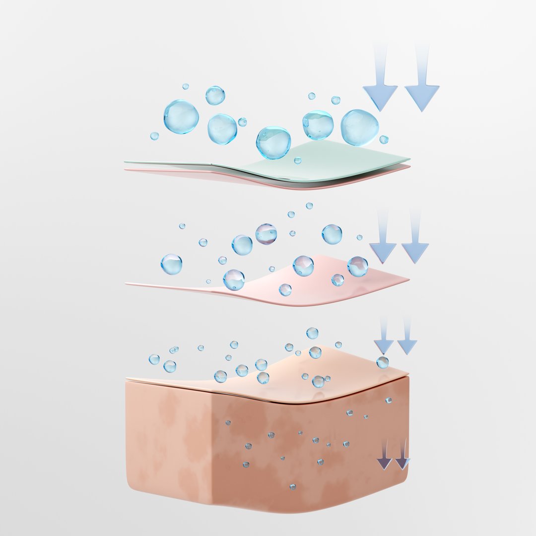 Collagen or Hyaluronic molecules from skin serum absorption to deep layer by skin cell. 3D rendering.