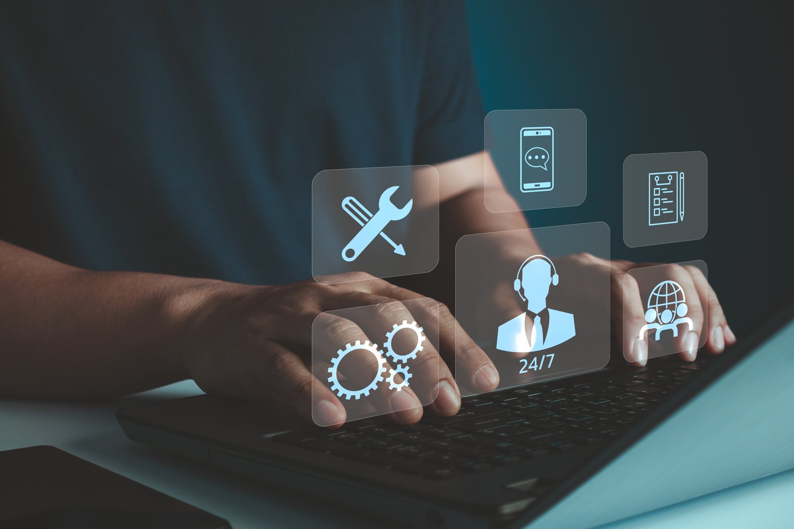 Technical support customer service concept. Businessman using laptop with VR screen support customer icon, Technology internet concept, it support, call center and customer service help.