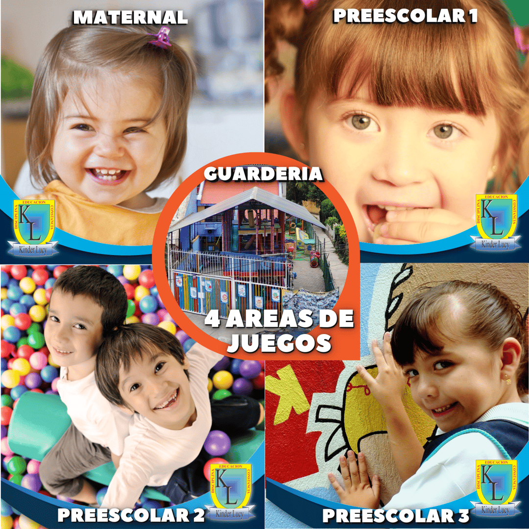 Collage of children in daycare promoting 4 Areas de Juegos with images from Maternal to Preescolar 3, center image of playground.