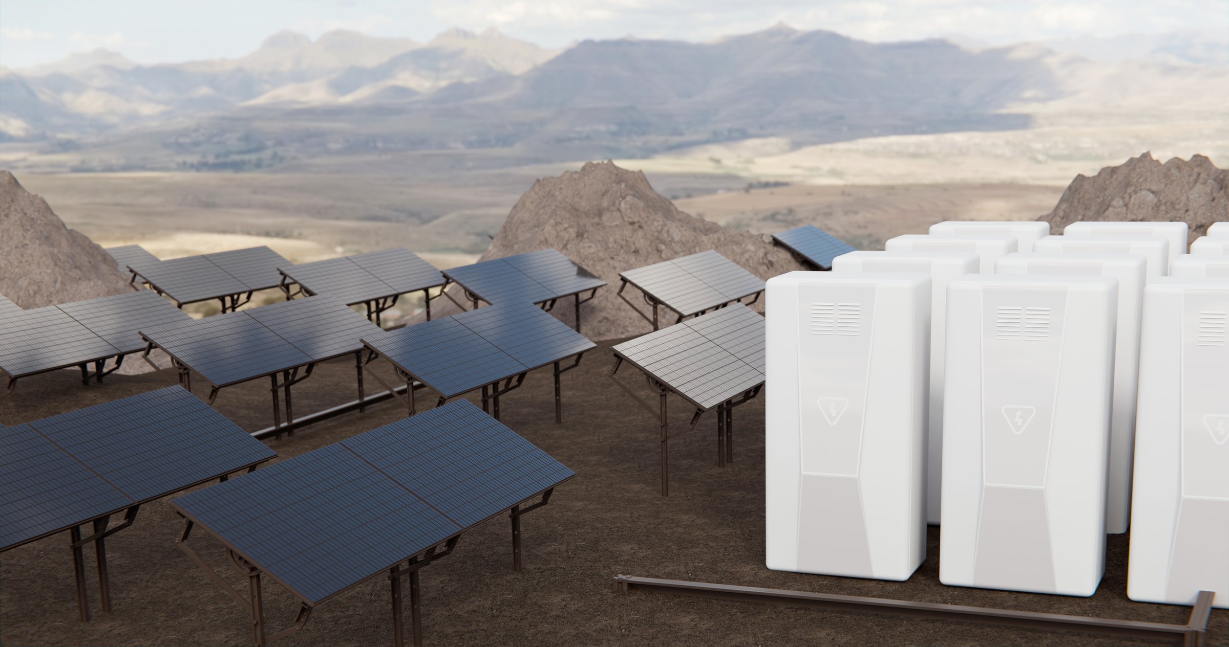 Concept energetic technology. Dawn of new renewable energy technologies. Modern, aesthetic, and efficient dark solar panel panels, a modular battery energy storage system in warm light. 3D rendering