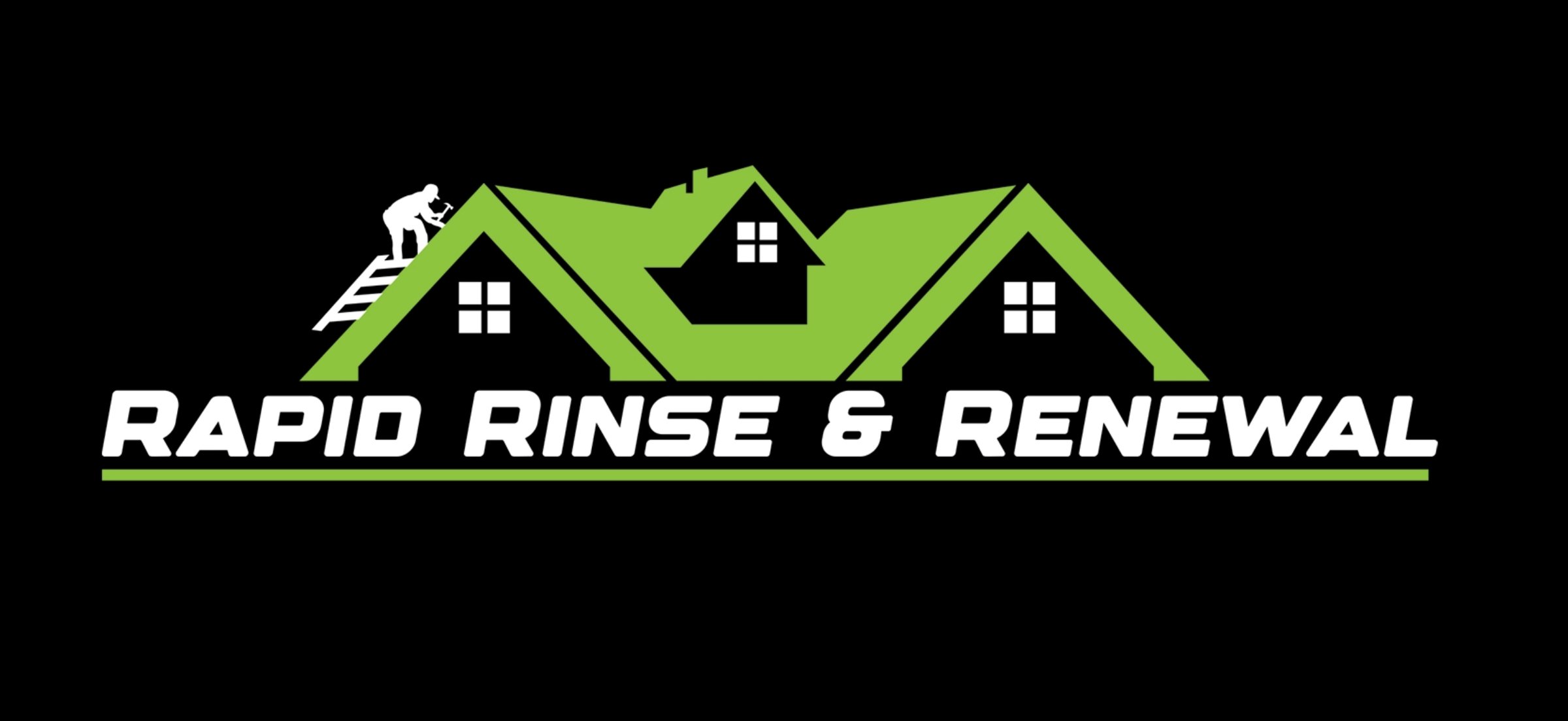 Logo for Rapid Rinse & Renewal with green rooftops and a person on a ladder, against a black background.