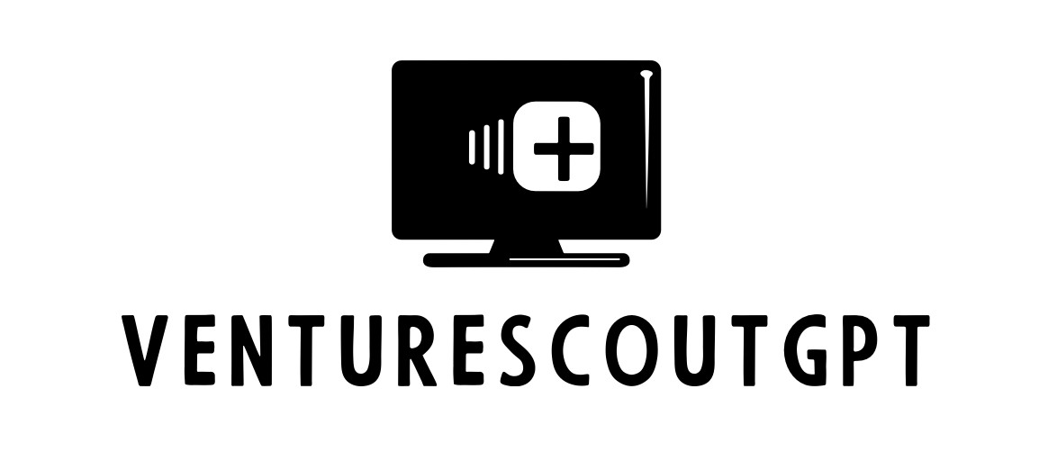 Logo with a computer monitor icon featuring a plus sign, sound waves, and the text "VENTURESCOUTGPT" below.