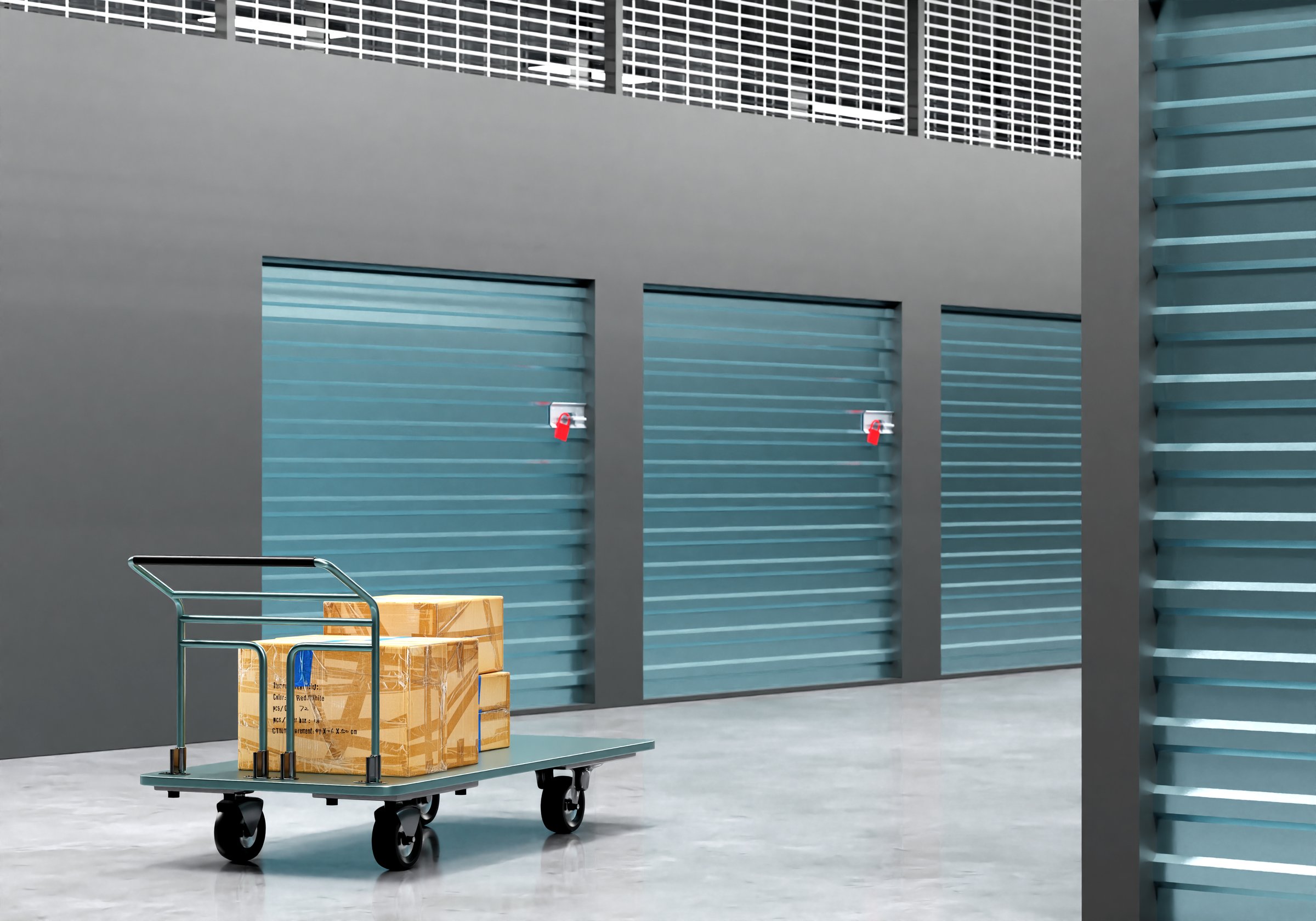 Self storage units. Boxes on cart near storage units. Concept - renting space in warehouse. Container rental for safekeeping. Storage company visualization. Large warehouse without anyone. 3d image.