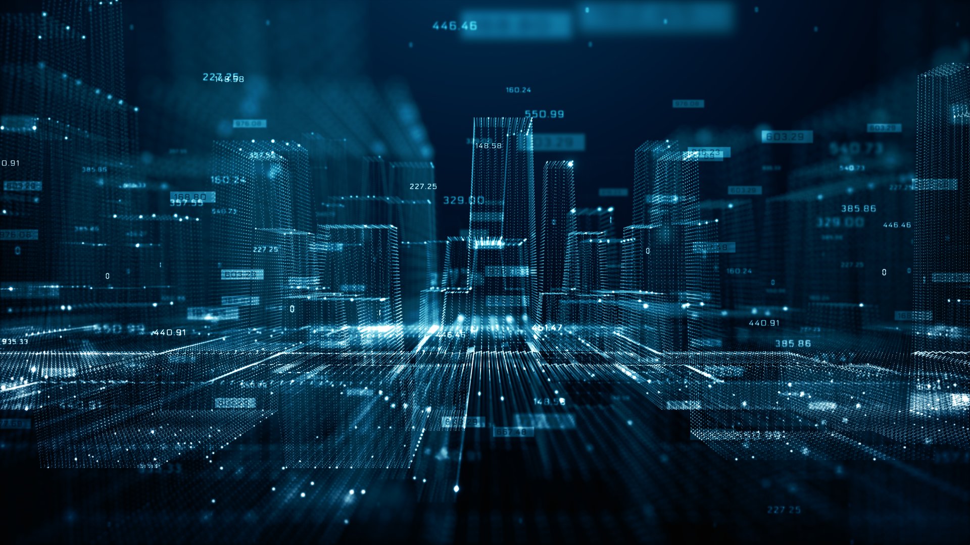 Abstract smart city concept with glowing digital buildings data streams and financial analytics overlay