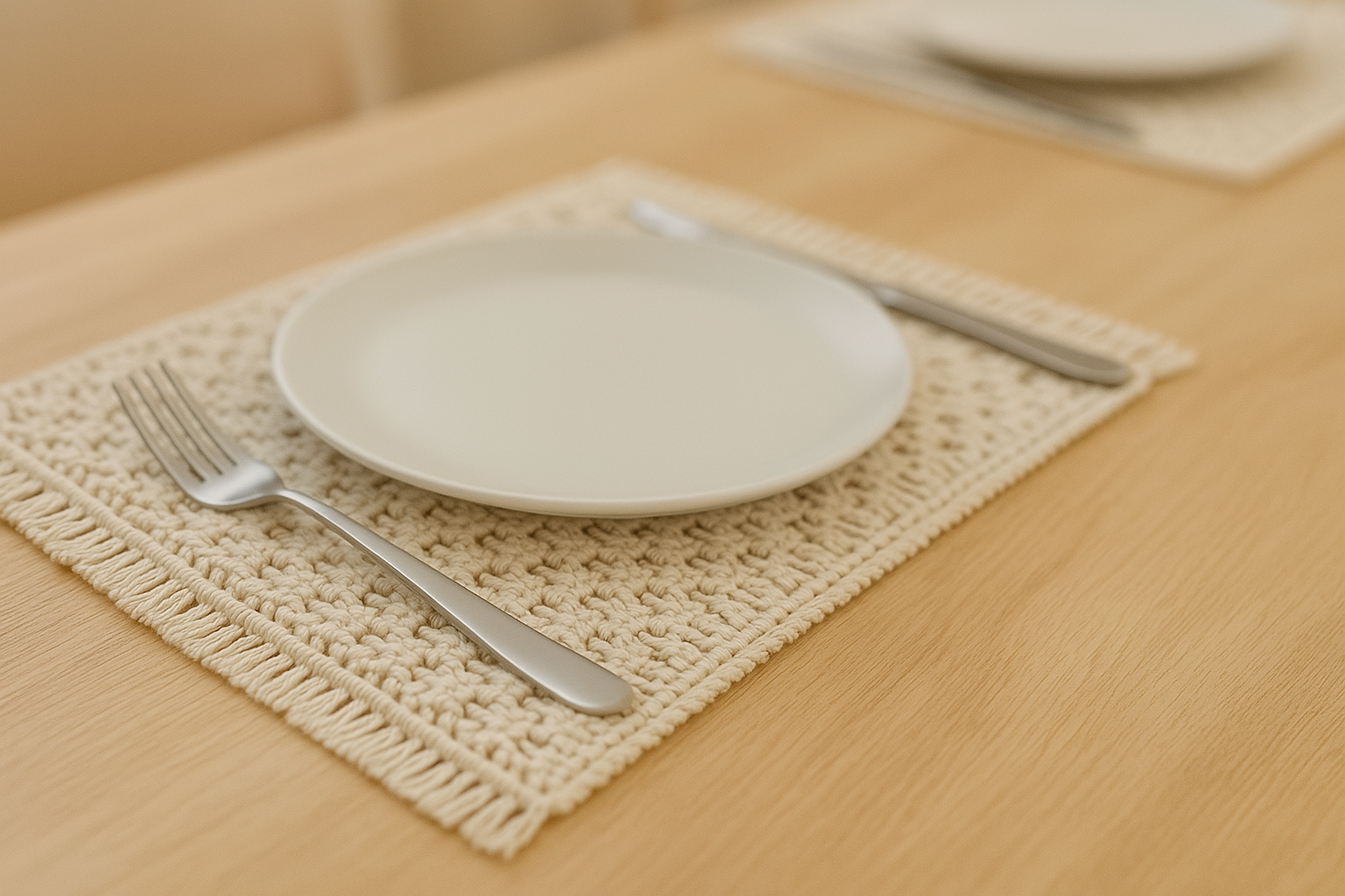 A simple table setting with a white plate, fork, and knife on a woven placemat on a wooden table.