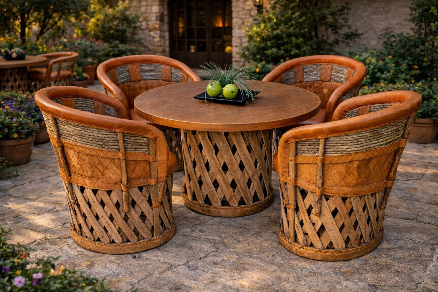 Juego bistró equipal redondo: mesa redonda con 4 sillas equipales con respaldo, cuero natural color tabaco