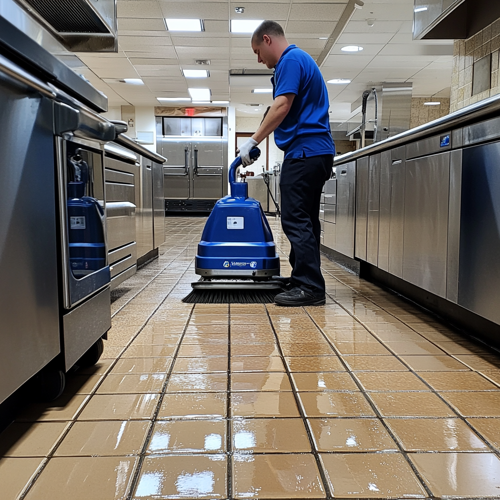 A person uses a floor scrubber to clean a shiny tiled kitchen floor, surrounded by stainless steel appliances.