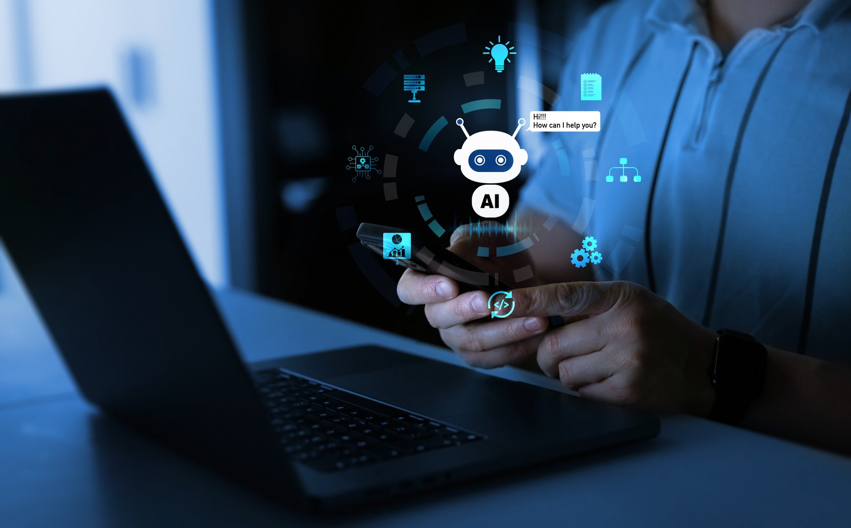 Customer person using chat service to get support.Online support Chatbot conversation.Virtual assistant, artificial intelligence Bot and CRM software automation technology