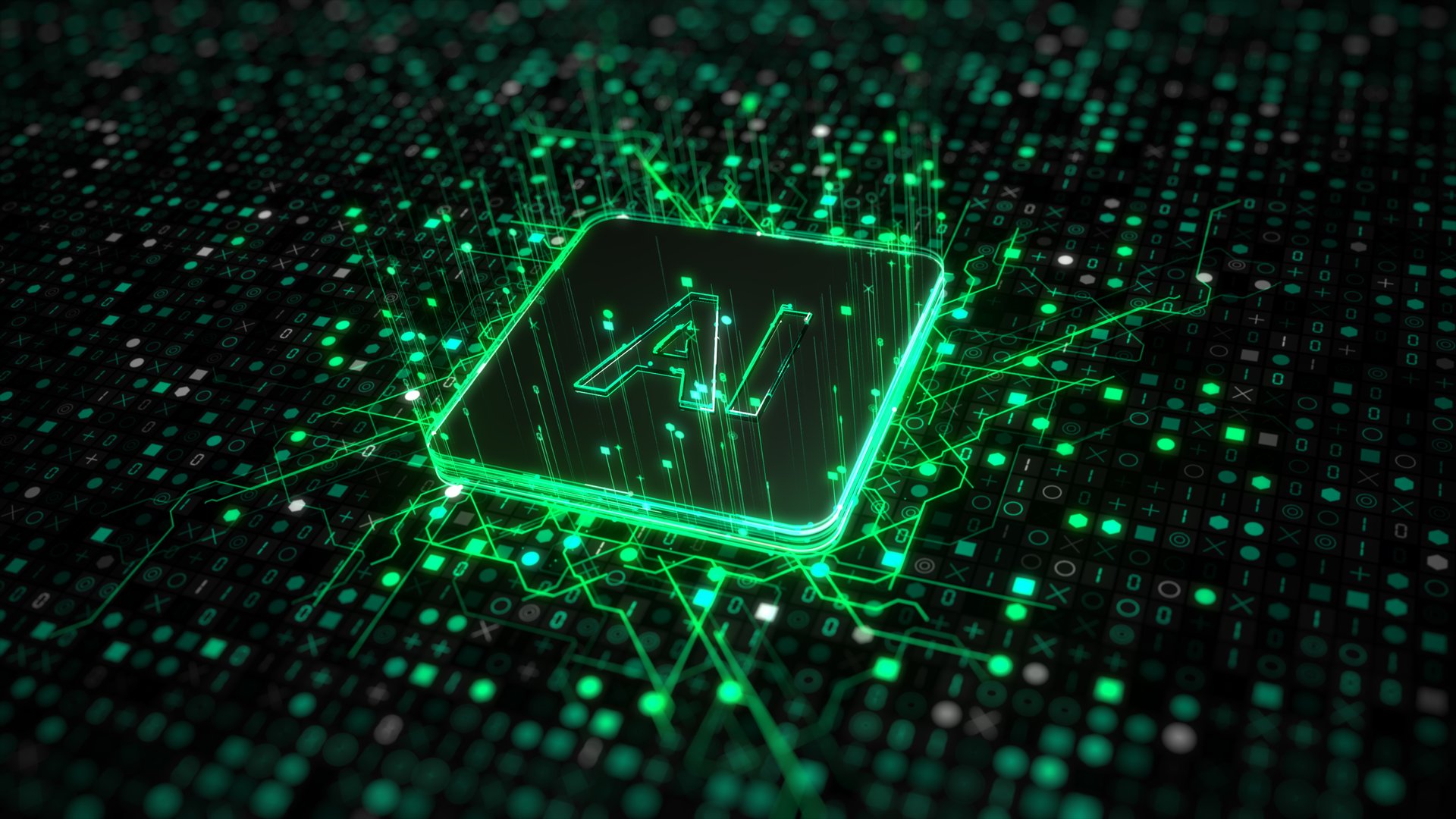 Advanced Microprocessor connected with a Motherboard, Ai chatbot and machine learning technology with artificial intelligence and robot icon concepts on abstract background, 3d rendering