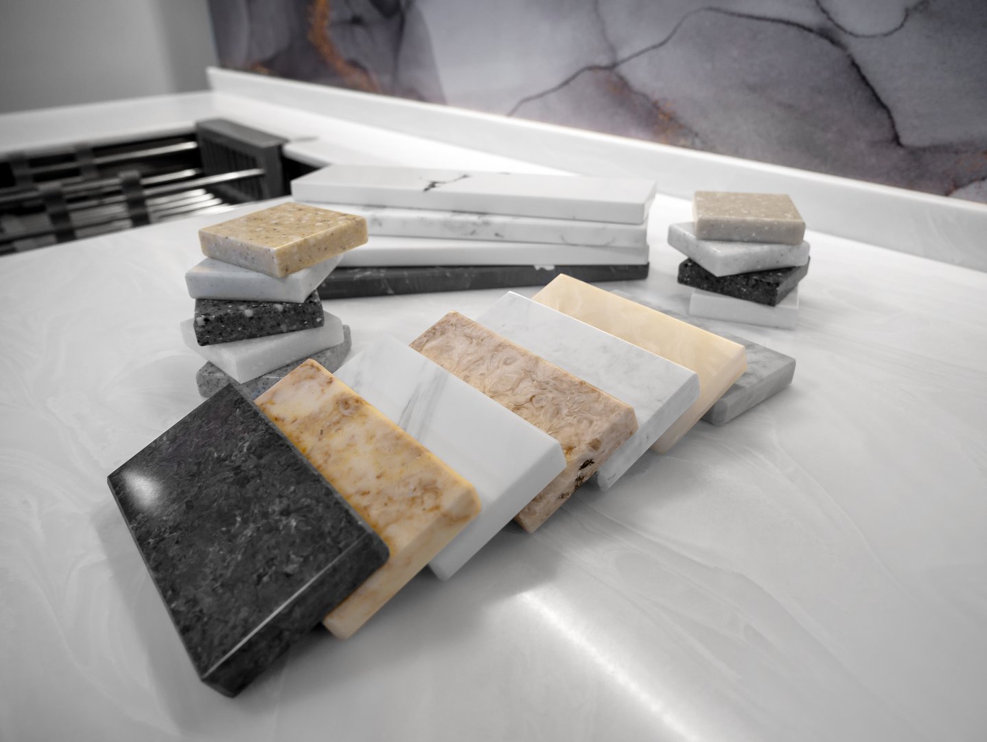 A sample of artificial acrylic stone for kitchen countertops and other furniture. Stone texture for modern interior design. Furniture manufacturing