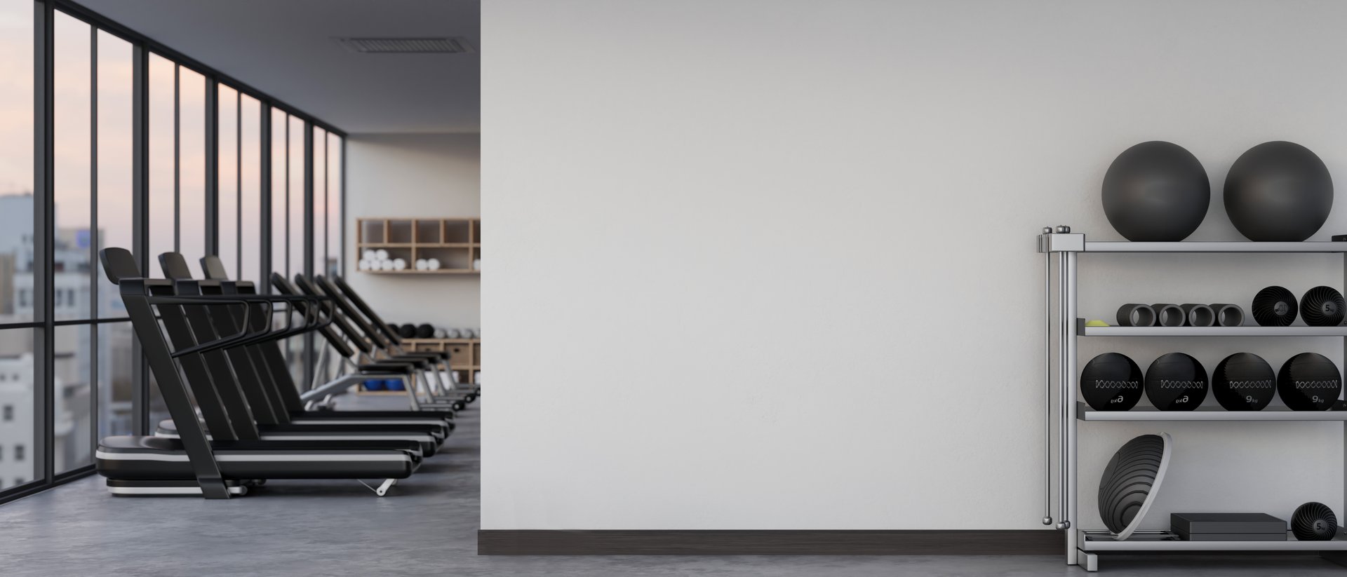 Modern fitness on the building interior design with treadmill running machines against the glass wall, sport equipments, and empty white wall mockup. 3d render, 3d illustration