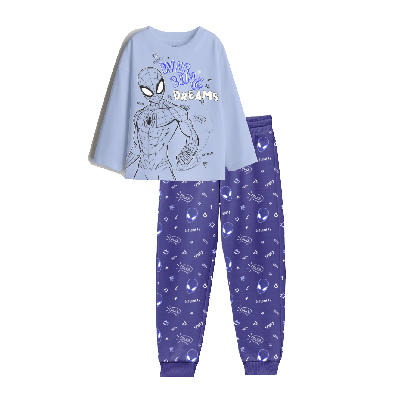Blue kids' pajama set with superhero motif. Top features "Web Sling Dreams," pants have small themed graphics.